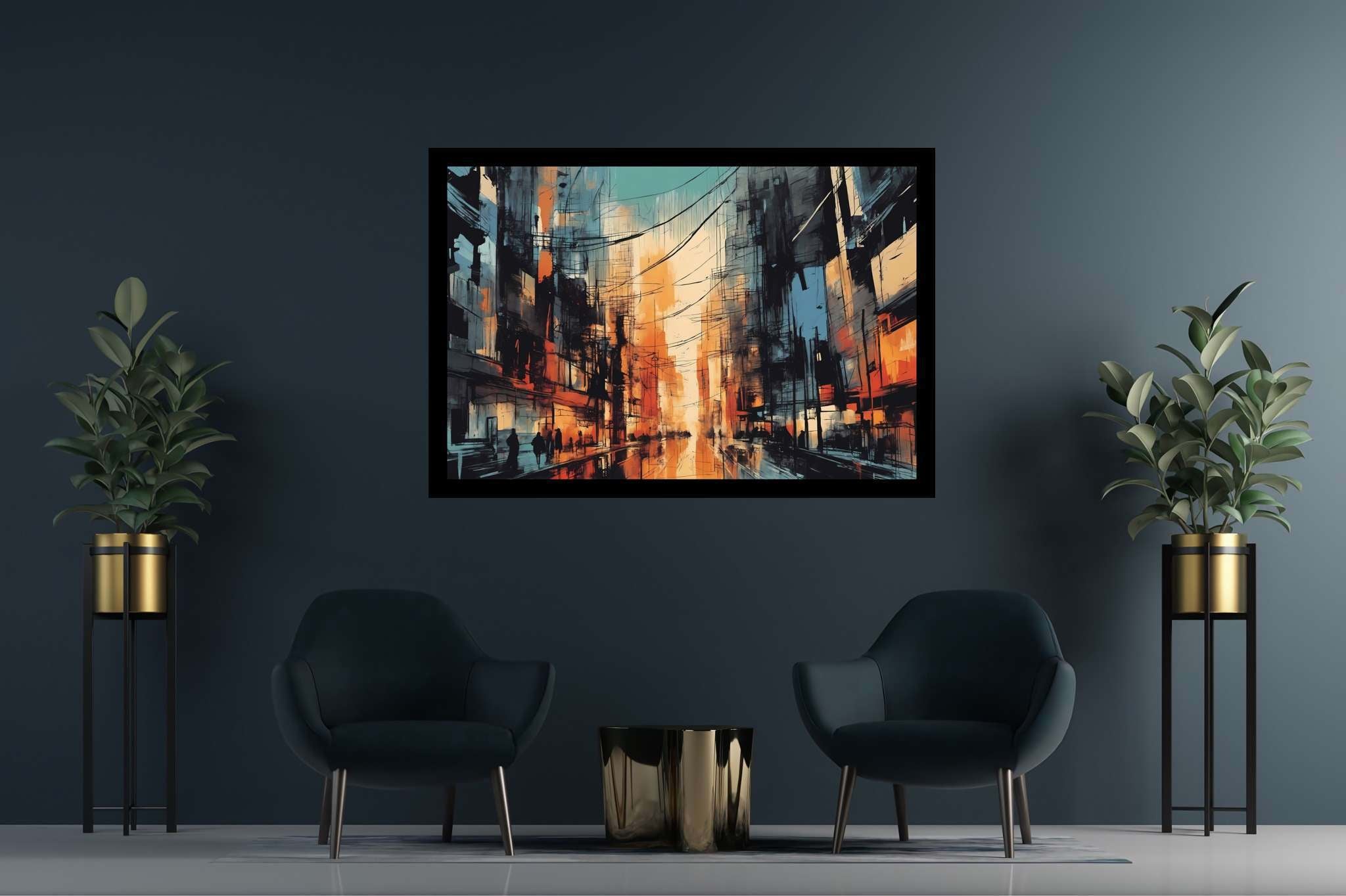 Chroma nocturne dreamscape: Surreal cityscape art with abstract metropolis scenes, in a room with elegant layout, bespoke art designs, and designer furniture. The art can be printed on poster, framed poster, canvas, metal, acrylic or wood, exclusively at WallArtZen. Find this exact print at https://wallartzen.com/waz206