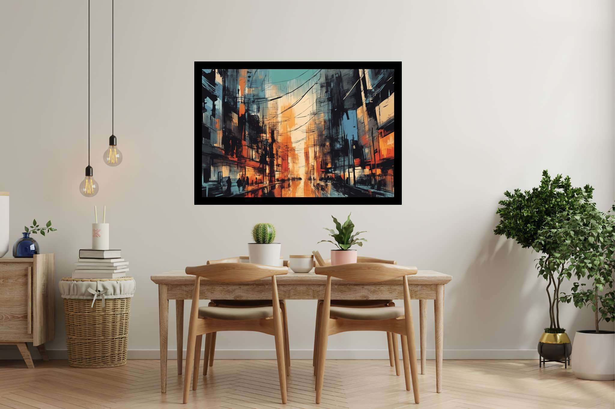 Chroma nocturne dreamscape: Surreal cityscape art with avant-garde urban artwork, in a room with contemporary flair, digital art pieces, and elegant home goods. The art can be printed on poster, framed poster, canvas, metal, acrylic or wood, exclusively at WallArtZen. Find this exact print at https://wallartzen.com/waz206