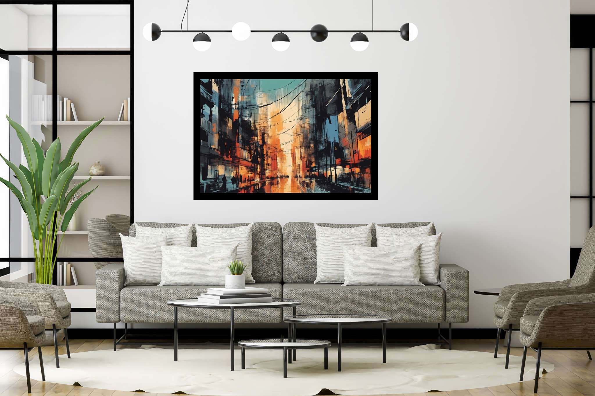 Chroma nocturne dreamscape: Surreal cityscape art with surrealistic city paintings, in a room with chic decor, bespoke art designs, and interior decorations. The art can be printed on poster, framed poster, canvas, metal, acrylic or wood, exclusively at WallArtZen. Find this exact print at https://wallartzen.com/waz206