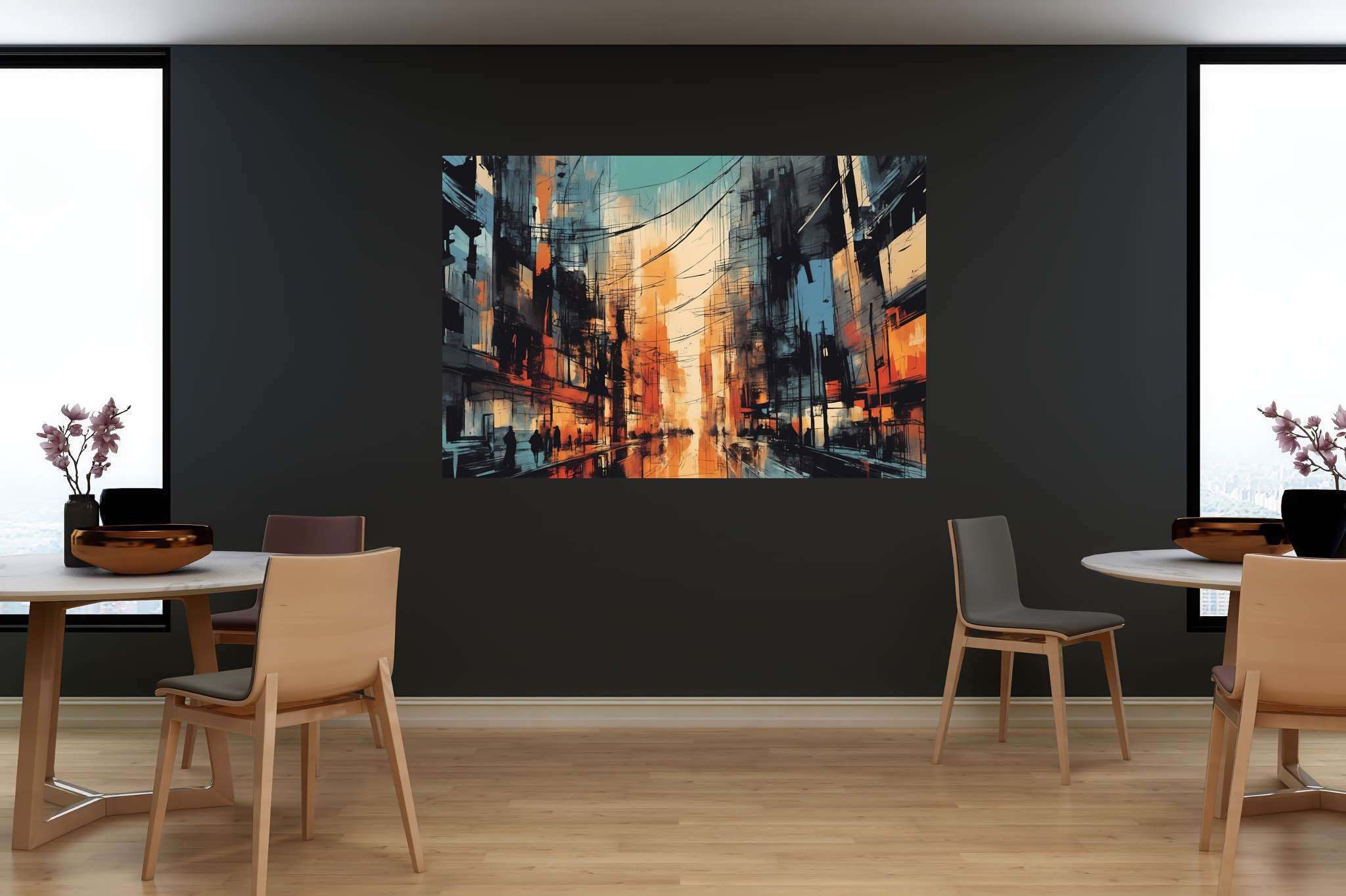 Chroma nocturne dreamscape: Surreal cityscape art with otherworldly urban artwork, in a room with minimalist approach, mural artworks, and designer furniture. The art can be printed on poster, framed poster, canvas, metal, acrylic or wood, exclusively at WallArtZen. Find this exact print at https://wallartzen.com/waz206