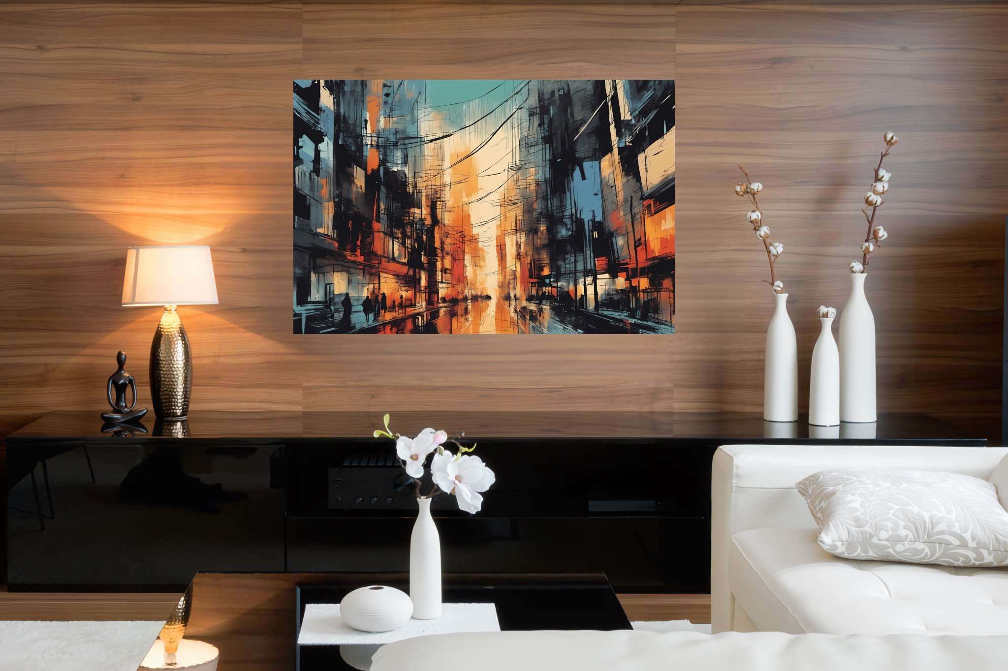 Chroma nocturne dreamscape: Surreal cityscape art with surreal cityscape illustrations, in a room with urban design, abstract paintings, and decorative pieces. The art can be printed on poster, framed poster, canvas, metal, acrylic or wood, exclusively at WallArtZen. Find this exact print at https://wallartzen.com/waz206