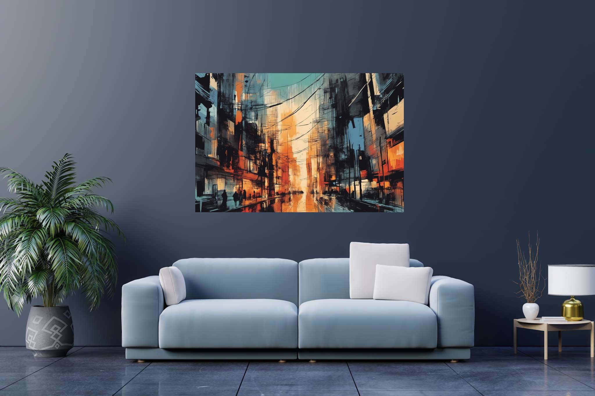 Chroma nocturne dreamscape: Surreal cityscape art with uncanny urban landscapes, in a room with great design, gallery-quality artwork, and elegant home goods. The art can be printed on poster, framed poster, canvas, metal, acrylic or wood, exclusively at WallArtZen. Find this exact print at https://wallartzen.com/waz206