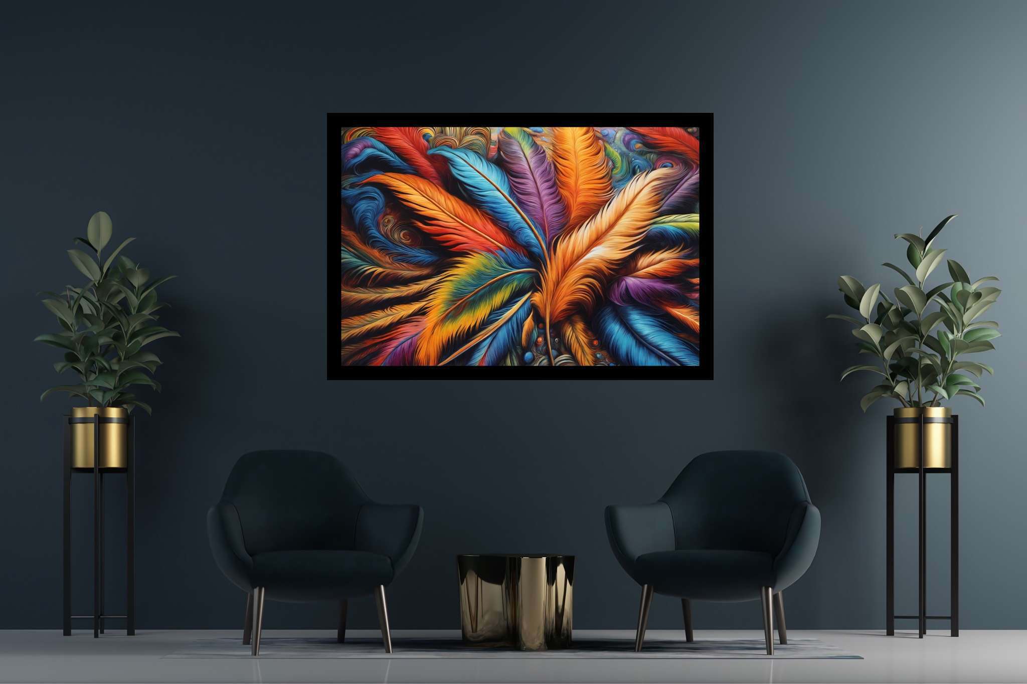Aurora plumage ballet: Feather art with feather-inspired crafts, in a room with urban design, digital art pieces, and decorative pieces. The art can be printed on poster, framed poster, canvas, metal, acrylic or wood, exclusively at WallArtZen. Find this exact print at https://wallartzen.com/waz207