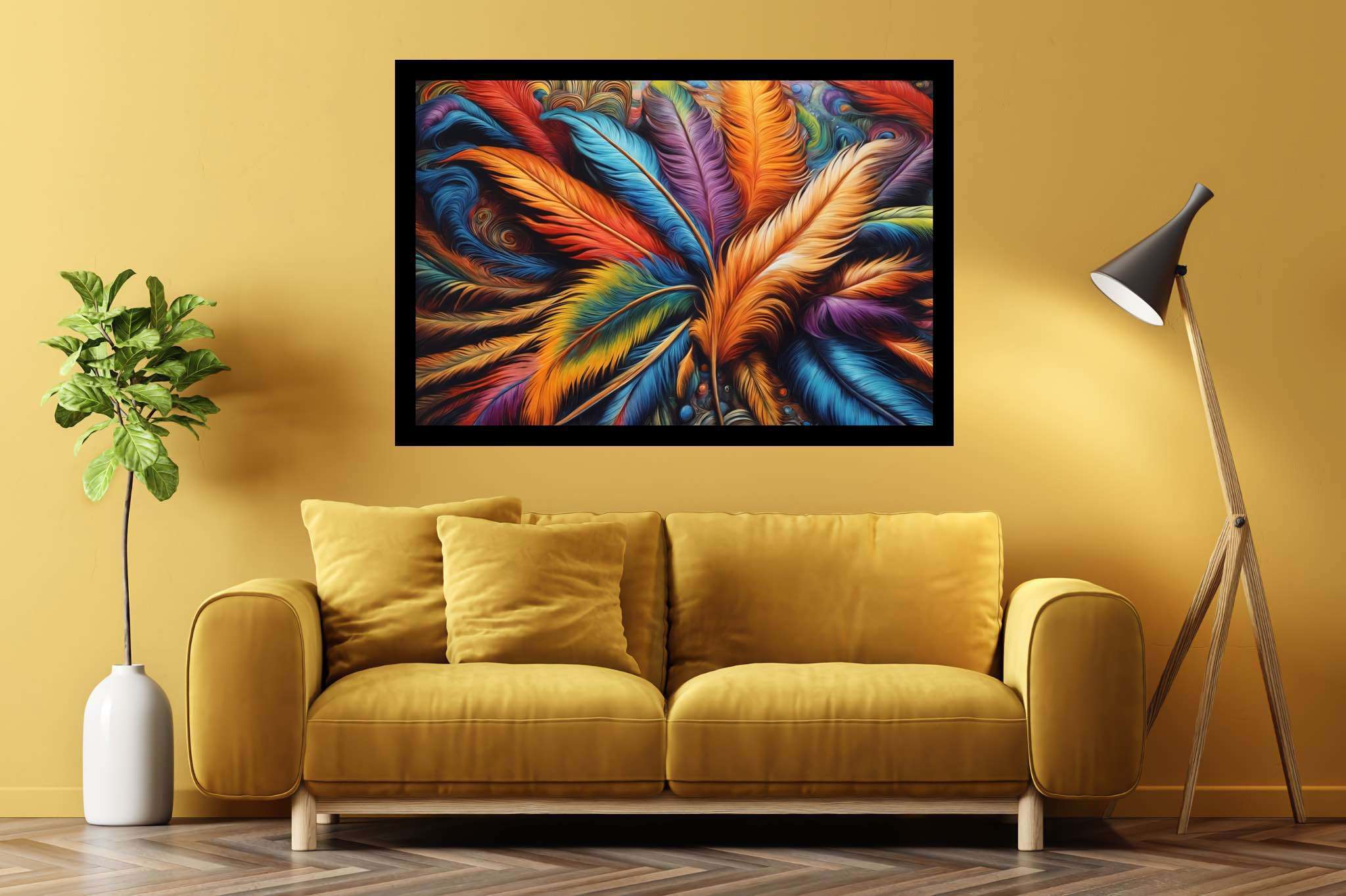 Aurora plumage ballet: Feather art with feather painting, in a room with artistic style, wall hangings, and trendy home accents. The art can be printed on poster, framed poster, canvas, metal, acrylic or wood, exclusively at WallArtZen. Find this exact print at https://wallartzen.com/waz207
