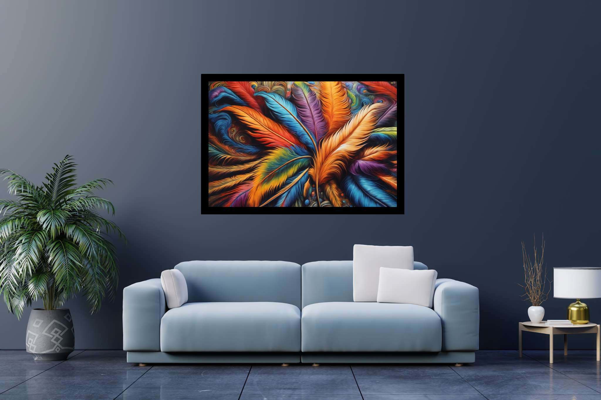 Aurora plumage ballet: Feather art with feather illustrations, in a room with classic elegance, gallery-quality artwork, and interior decorations. The art can be printed on poster, framed poster, canvas, metal, acrylic or wood, exclusively at WallArtZen. Find this exact print at https://wallartzen.com/waz207