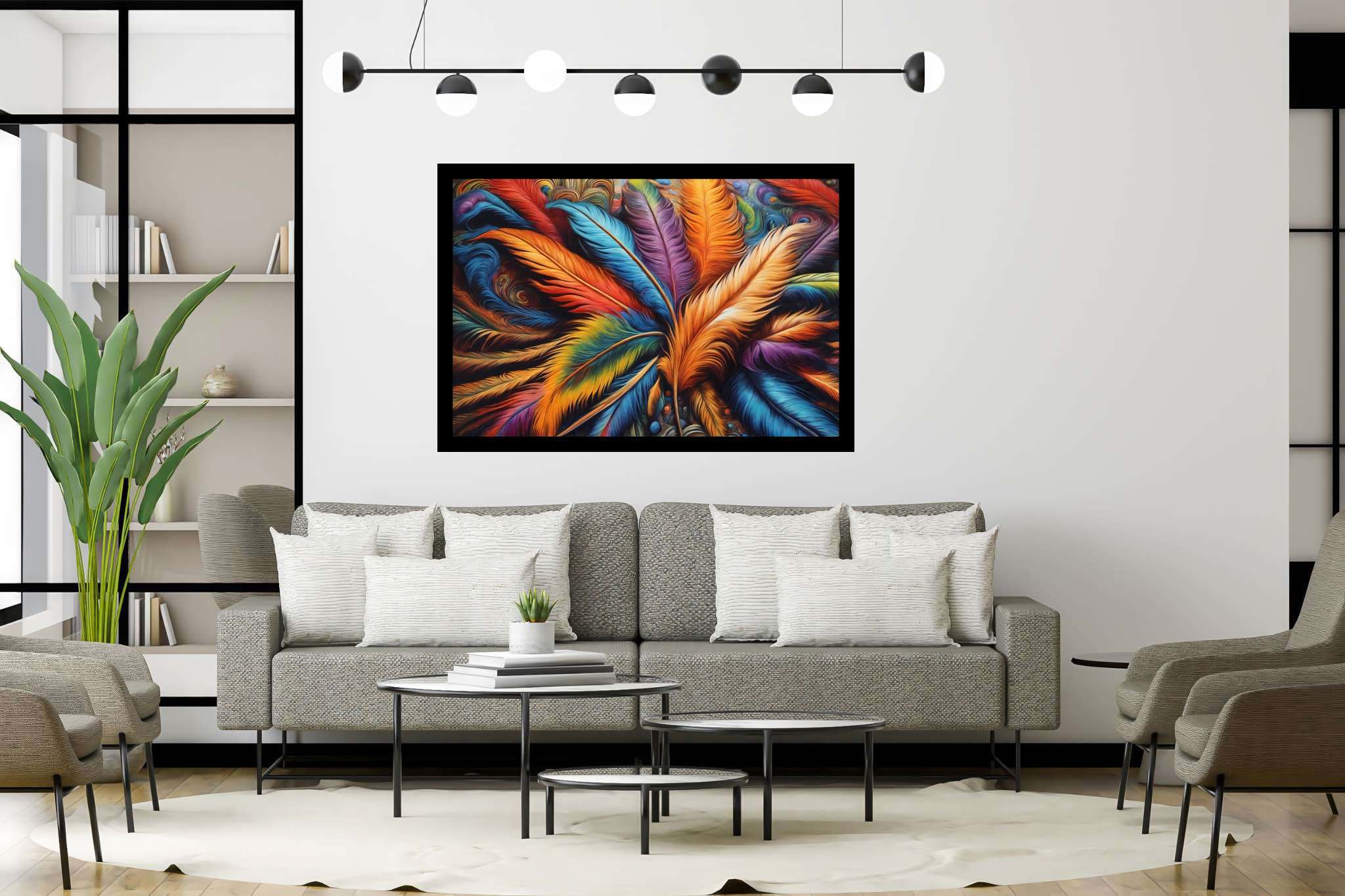 Aurora plumage ballet: Feather art with bird feathers, in a room with artistic style, fine art prints, and home furnishings. The art can be printed on poster, framed poster, canvas, metal, acrylic or wood, exclusively at WallArtZen. Find this exact print at https://wallartzen.com/waz207