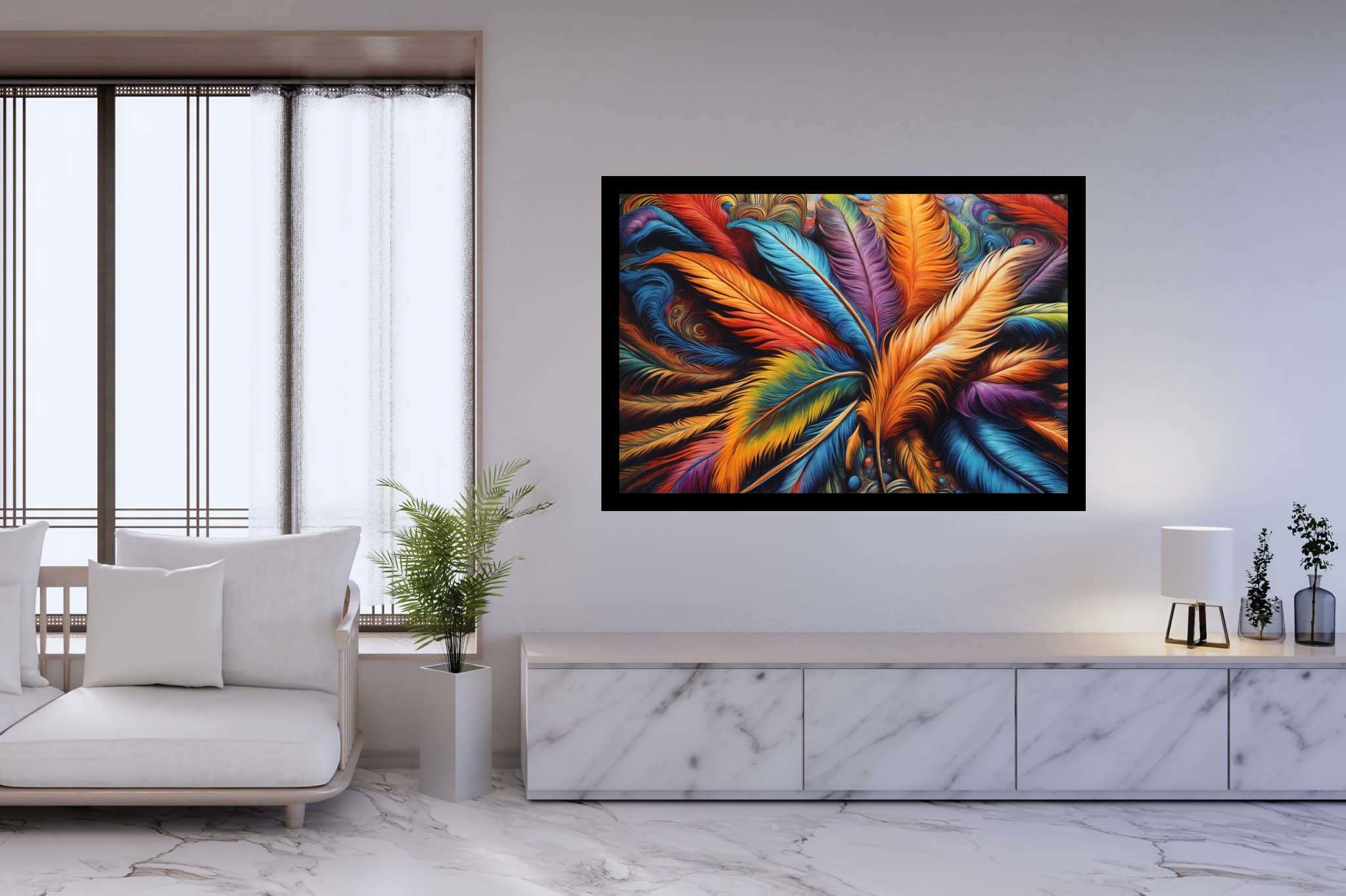 Aurora plumage ballet: Feather art with feather sculpture, in a room with classic elegance, mural artworks, and artisan decor. The art can be printed on poster, framed poster, canvas, metal, acrylic or wood, exclusively at WallArtZen. Find this exact print at https://wallartzen.com/waz207
