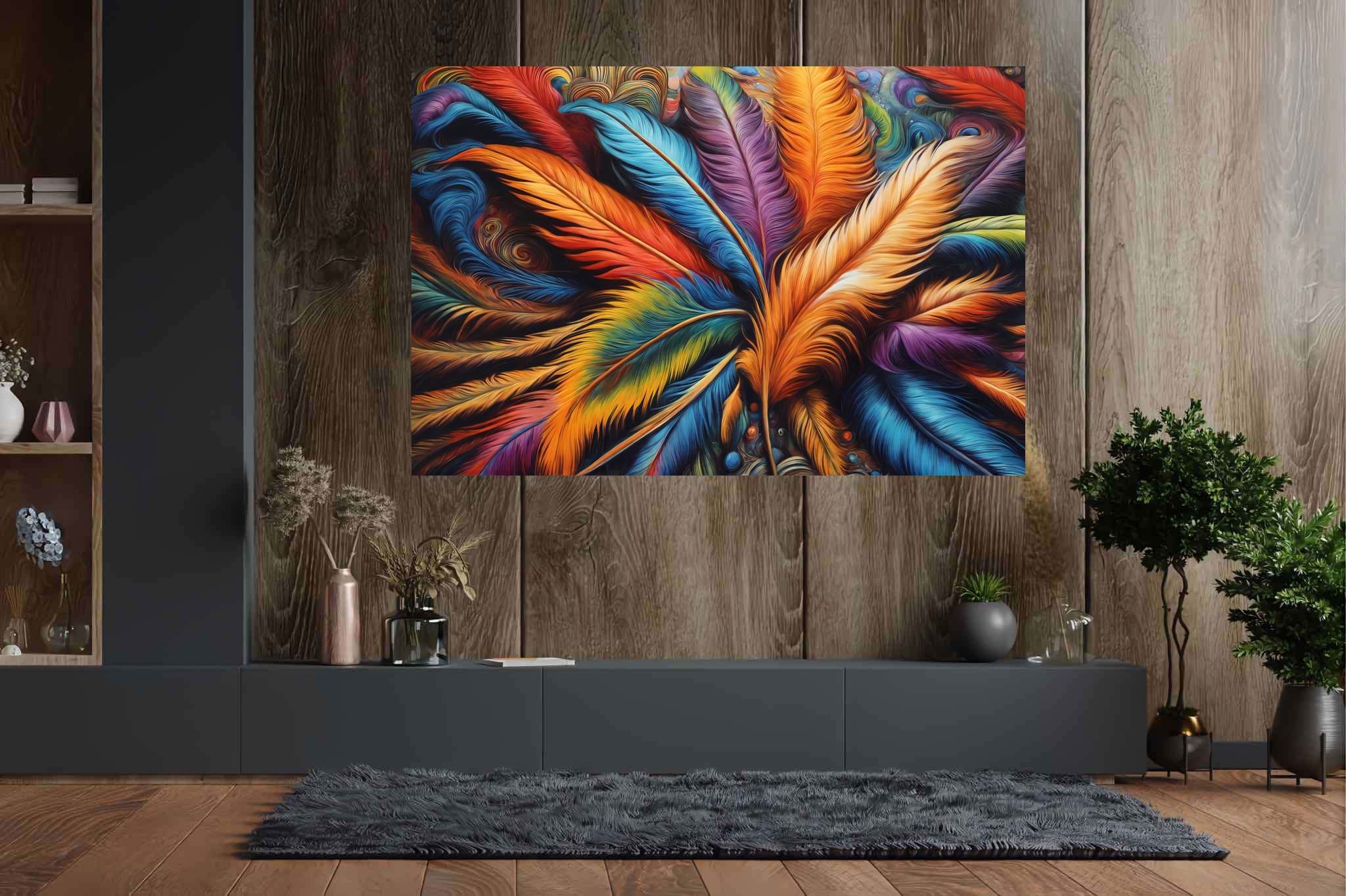 Aurora plumage ballet: Feather art with feather artwork, in a room with minimalist approach, digital art pieces, and stylish accessories. The art can be printed on poster, framed poster, canvas, metal, acrylic or wood, exclusively at WallArtZen. Find this exact print at https://wallartzen.com/waz207