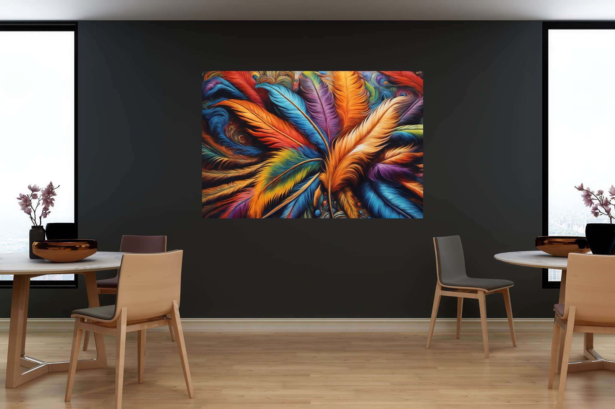 Aurora plumage ballet: Feather art with feather-inspired art, in a room with chic decor, gallery-quality artwork, and trendy home accents. The art can be printed on poster, framed poster, canvas, metal, acrylic or wood, exclusively at WallArtZen. Find this exact print at https://wallartzen.com/waz207
