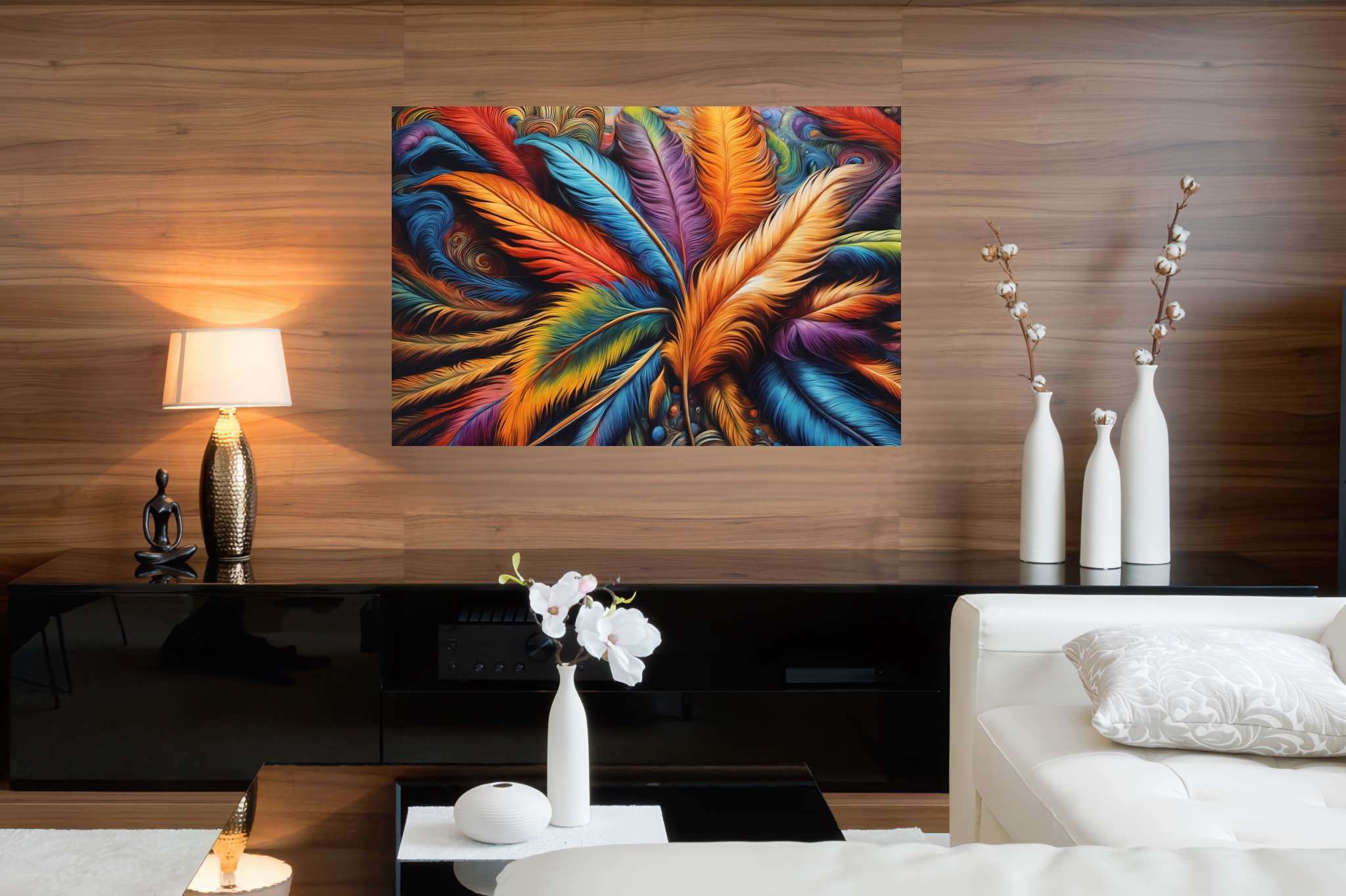 Aurora plumage ballet: Feather art with feather decorations, in a room with artistic style, fine art prints, and designer furniture. The art can be printed on poster, framed poster, canvas, metal, acrylic or wood, exclusively at WallArtZen. Find this exact print at https://wallartzen.com/waz207