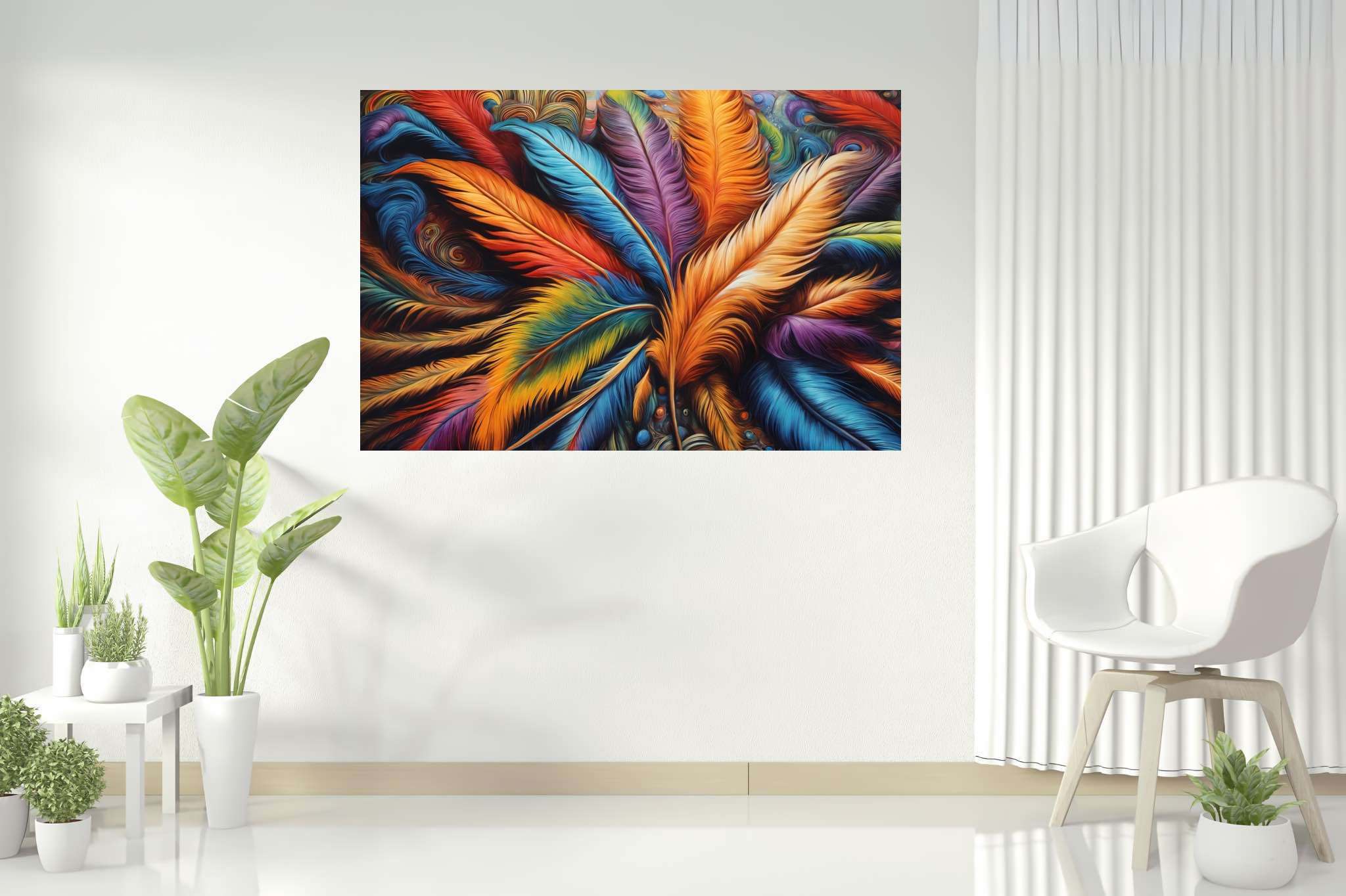 Aurora plumage ballet: Feather art with feather motifs, in a room with modern style, digital art pieces, and decorative pieces. The art can be printed on poster, framed poster, canvas, metal, acrylic or wood, exclusively at WallArtZen. Find this exact print at https://wallartzen.com/waz207