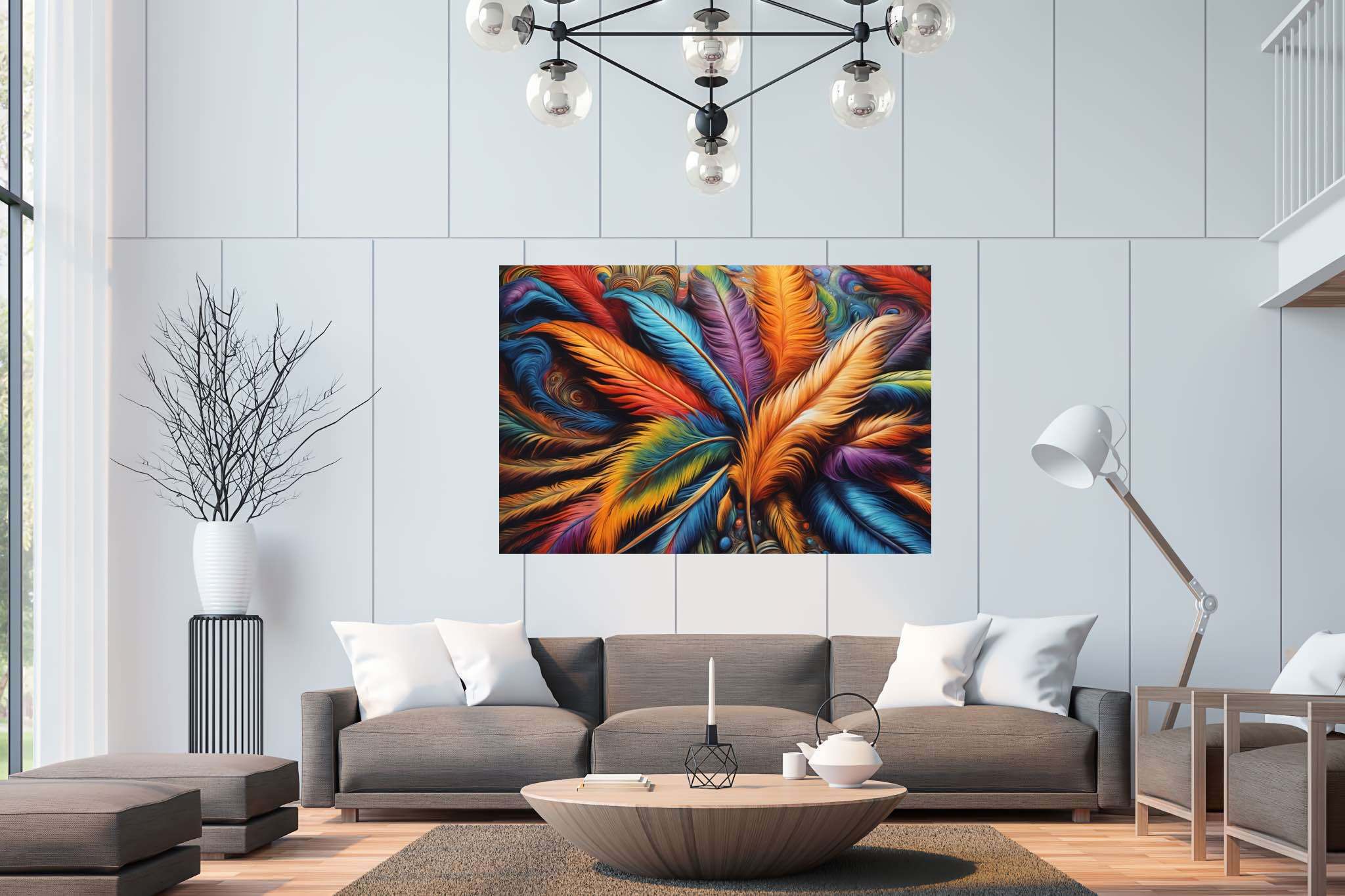 Aurora plumage ballet: Feather art with feather painting, in a room with urban design, canvas prints, and artisan decor. The art can be printed on poster, framed poster, canvas, metal, acrylic or wood, exclusively at WallArtZen. Find this exact print at https://wallartzen.com/waz207