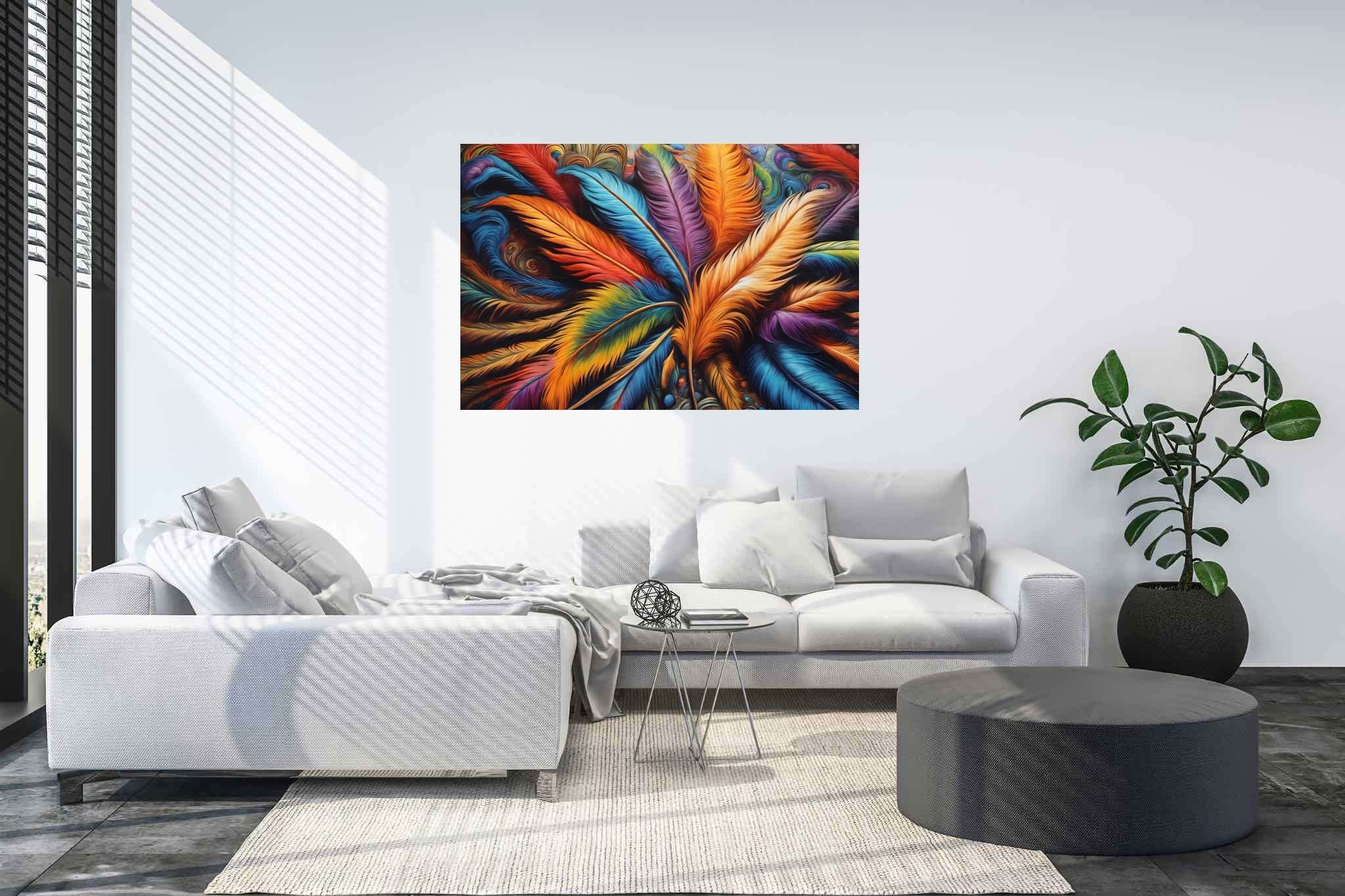 Aurora plumage ballet: Feather art with bird feathers, in a room with contemporary flair, fine art prints, and home styling items. The art can be printed on poster, framed poster, canvas, metal, acrylic or wood, exclusively at WallArtZen. Find this exact print at https://wallartzen.com/waz207