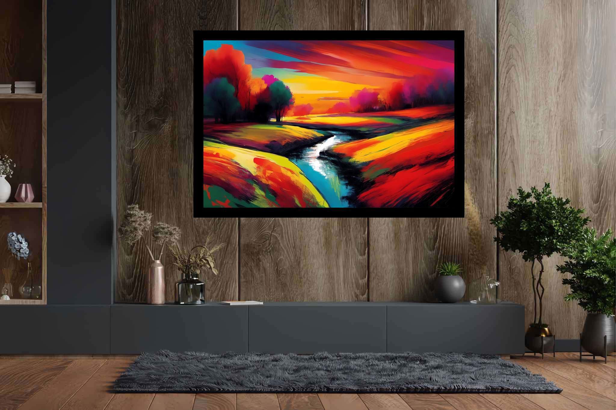 Amber hues embrace: Vibrant landscape art with colorful landscapes, in a room with urban design, wall hangings, and elegant home goods. The art can be printed on poster, framed poster, canvas, metal, acrylic or wood, exclusively at WallArtZen. Find this exact print at https://wallartzen.com/waz208