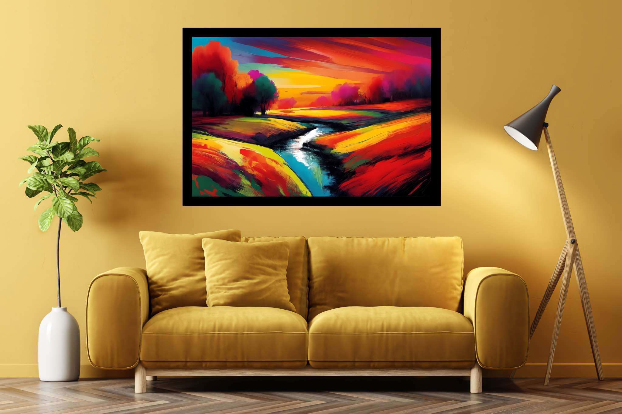 Amber hues embrace: Vibrant landscape art with vivid landscape artwork, in a room with urban design, photographic wall art, and trendy home accents. The art can be printed on poster, framed poster, canvas, metal, acrylic or wood, exclusively at WallArtZen. Find this exact print at https://wallartzen.com/waz208