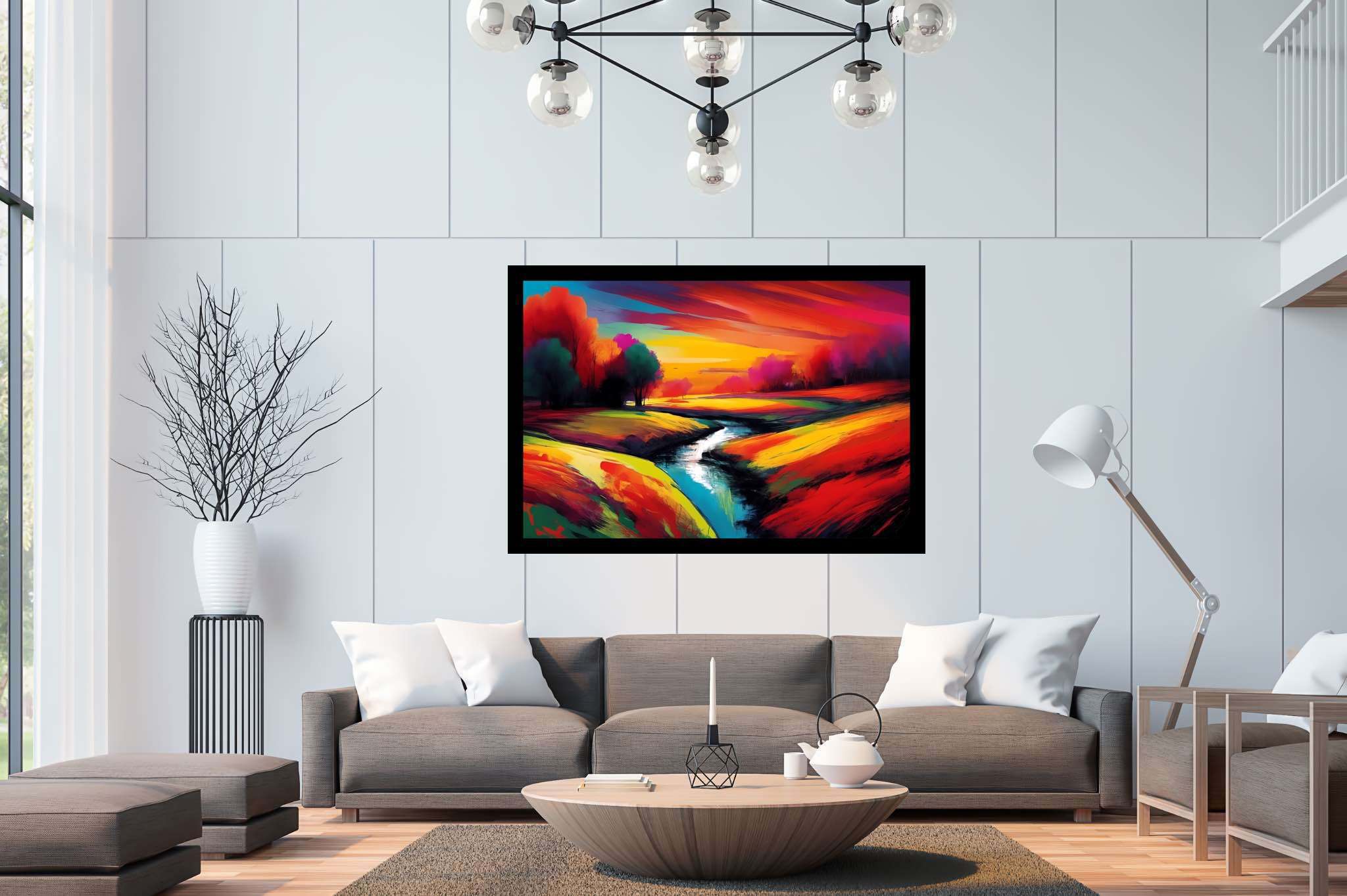 Amber hues embrace: Vibrant landscape art with vibrant nature paintings, in a room with modern style, framed art, and elegant home goods. The art can be printed on poster, framed poster, canvas, metal, acrylic or wood, exclusively at WallArtZen. Find this exact print at https://wallartzen.com/waz208