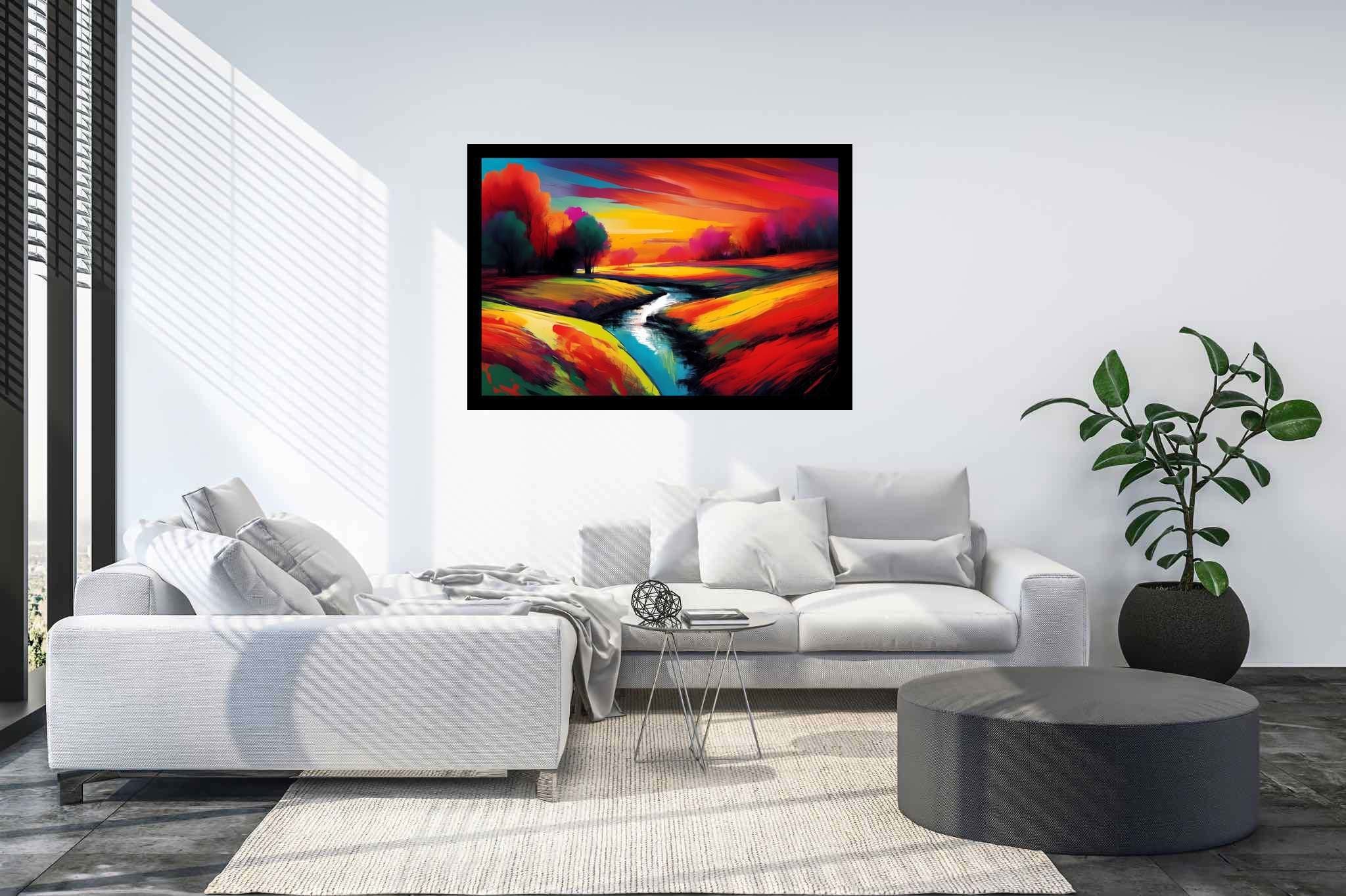 Amber hues embrace: Vibrant landscape art with colorful landscapes, in a room with chic decor, abstract paintings, and home styling items. The art can be printed on poster, framed poster, canvas, metal, acrylic or wood, exclusively at WallArtZen. Find this exact print at https://wallartzen.com/waz208