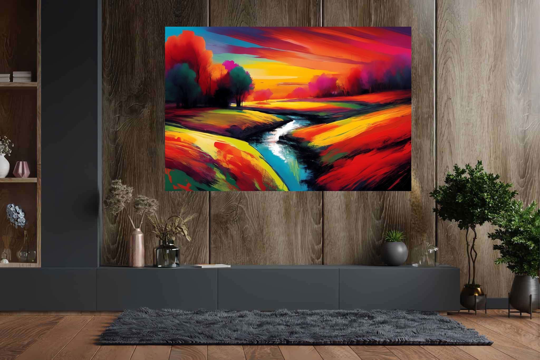 Amber hues embrace: Vibrant landscape art with vibrant scenery artwork, in a room with contemporary flair, photographic wall art, and home styling items. The art can be printed on poster, framed poster, canvas, metal, acrylic or wood, exclusively at WallArtZen. Find this exact print at https://wallartzen.com/waz208