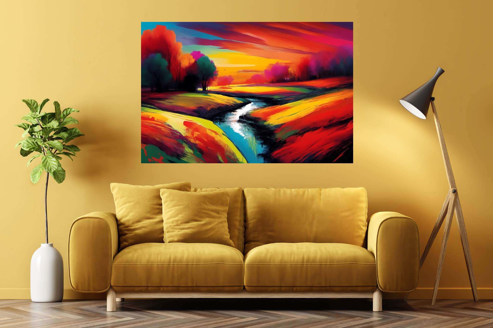 Amber hues embrace: Vibrant landscape art with lively landscape designs, in a room with chic decor, fine art prints, and luxe decor. The art can be printed on poster, framed poster, canvas, metal, acrylic or wood, exclusively at WallArtZen. Find this exact print at https://wallartzen.com/waz208