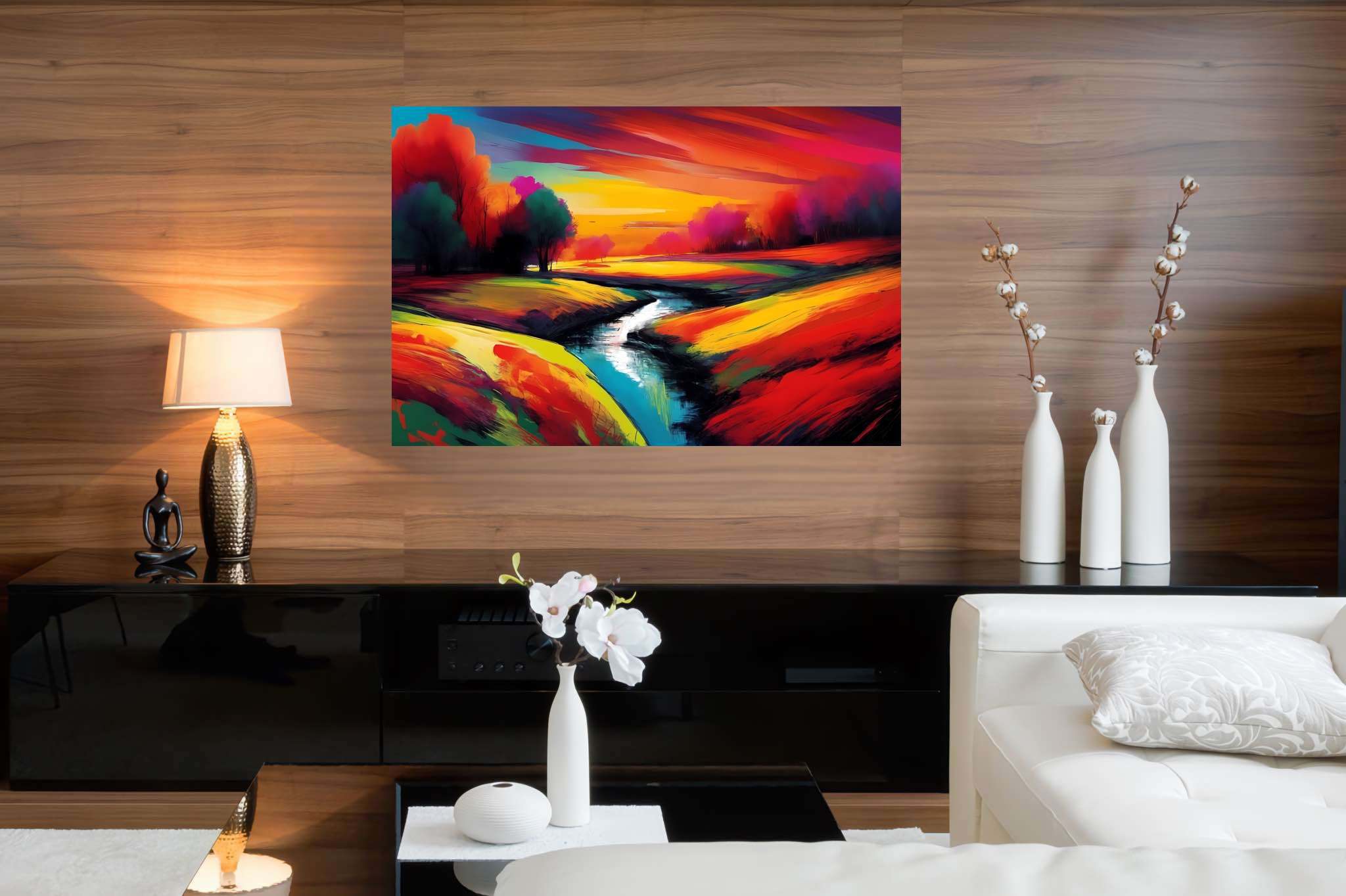 Amber hues embrace: Vibrant landscape art with vibrant landscape photography, in a room with modern style, framed art, and home furnishings. The art can be printed on poster, framed poster, canvas, metal, acrylic or wood, exclusively at WallArtZen. Find this exact print at https://wallartzen.com/waz208