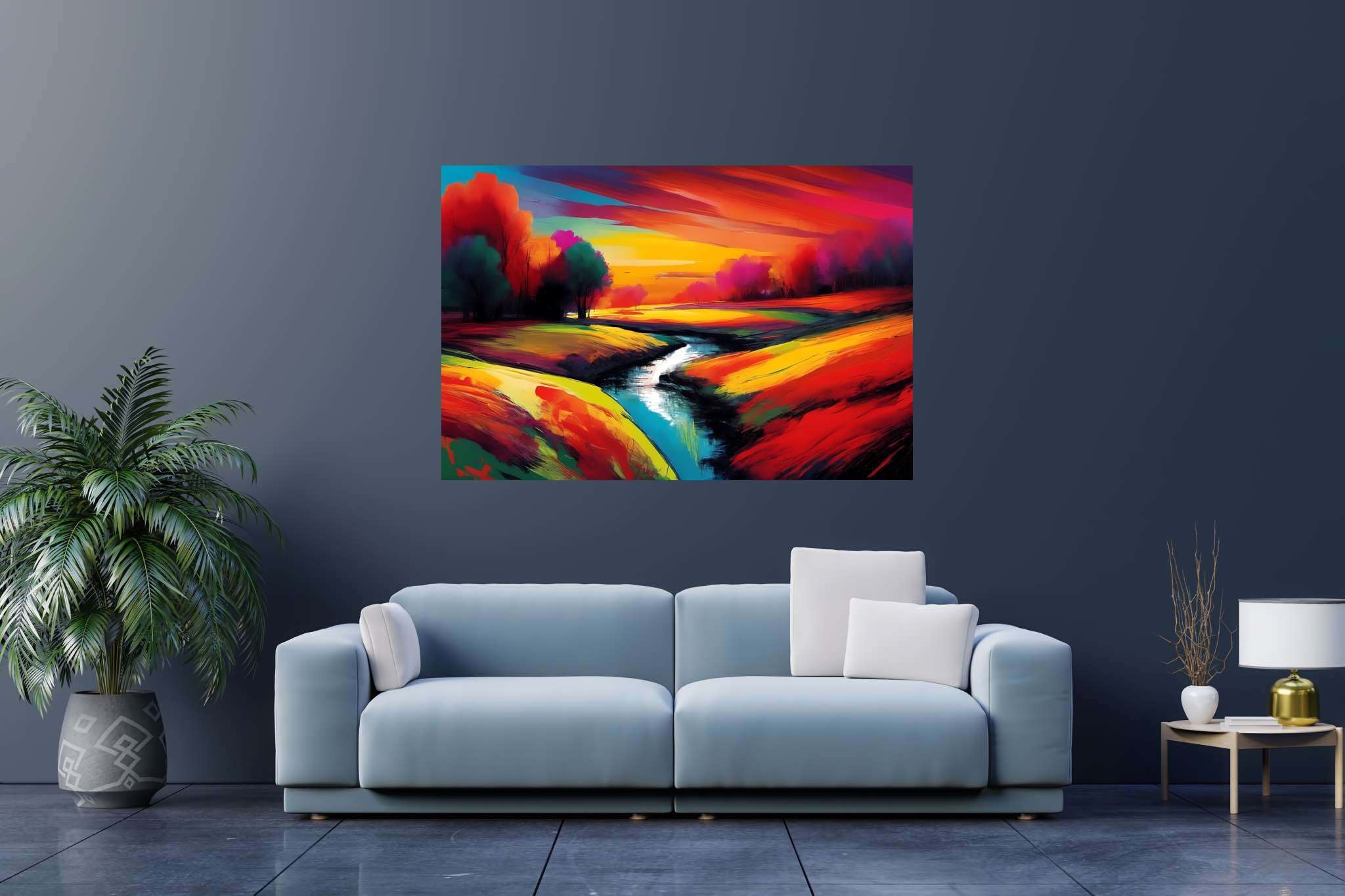 Amber hues embrace: Vibrant landscape art with vibrant landscape paintings, in a room with artistic style, wall art, and trendy home accents. The art can be printed on poster, framed poster, canvas, metal, acrylic or wood, exclusively at WallArtZen. Find this exact print at https://wallartzen.com/waz208