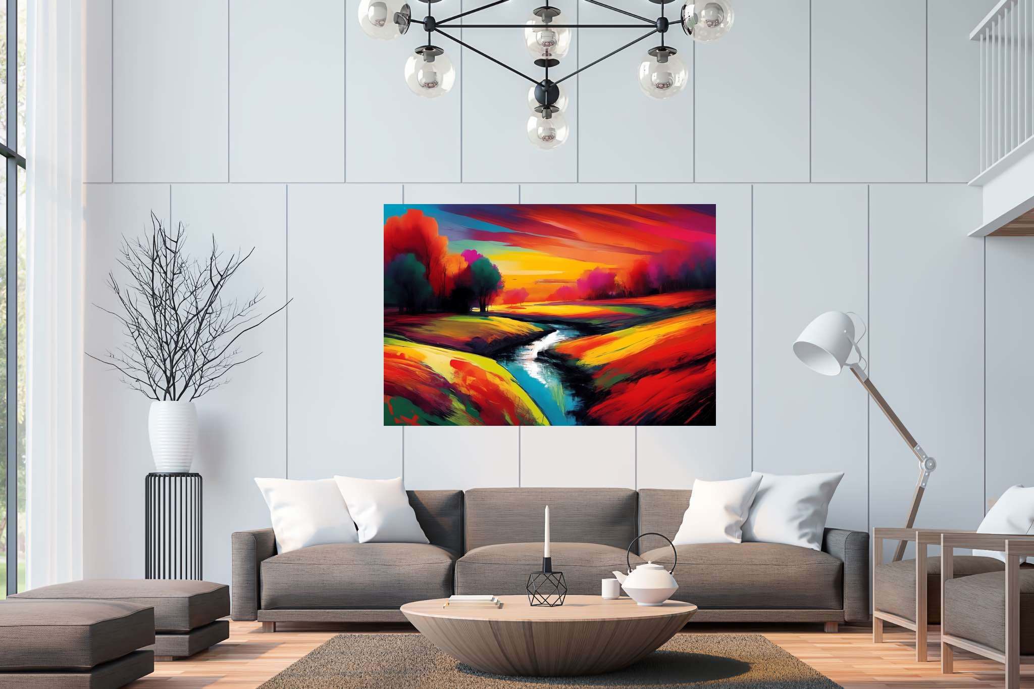 Amber hues embrace: Vibrant landscape art with dynamic landscapes, in a room with innovative layout, digital art pieces, and trendy home accents. The art can be printed on poster, framed poster, canvas, metal, acrylic or wood, exclusively at WallArtZen. Find this exact print at https://wallartzen.com/waz208