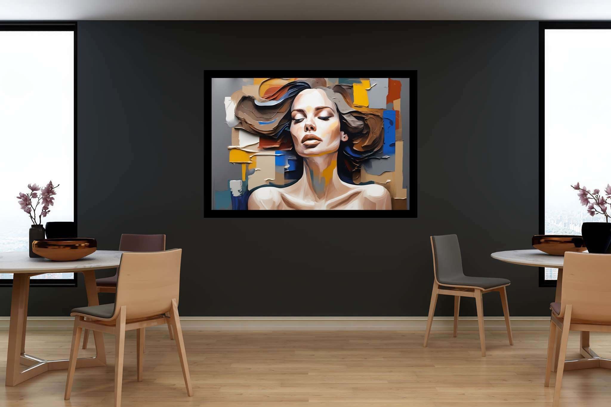 Dreamscape reverie: Surreal woman art with dreamlike female paintings, in a room with modern style, wall art, and luxe decor. The art can be printed on poster, framed poster, canvas, metal, acrylic or wood, exclusively at WallArtZen. Find this exact print at https://wallartzen.com/waz209