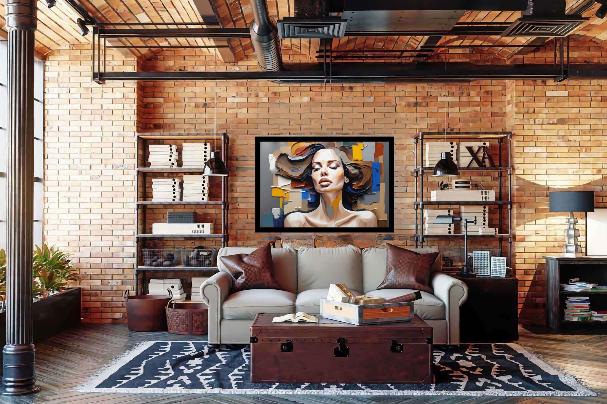 Dreamscape reverie: Surreal woman art with bizarre woman drawings, in a room with urban design, canvas prints, and designer furniture. The art can be printed on poster, framed poster, canvas, metal, acrylic or wood, exclusively at WallArtZen. Find this exact print at https://wallartzen.com/waz209