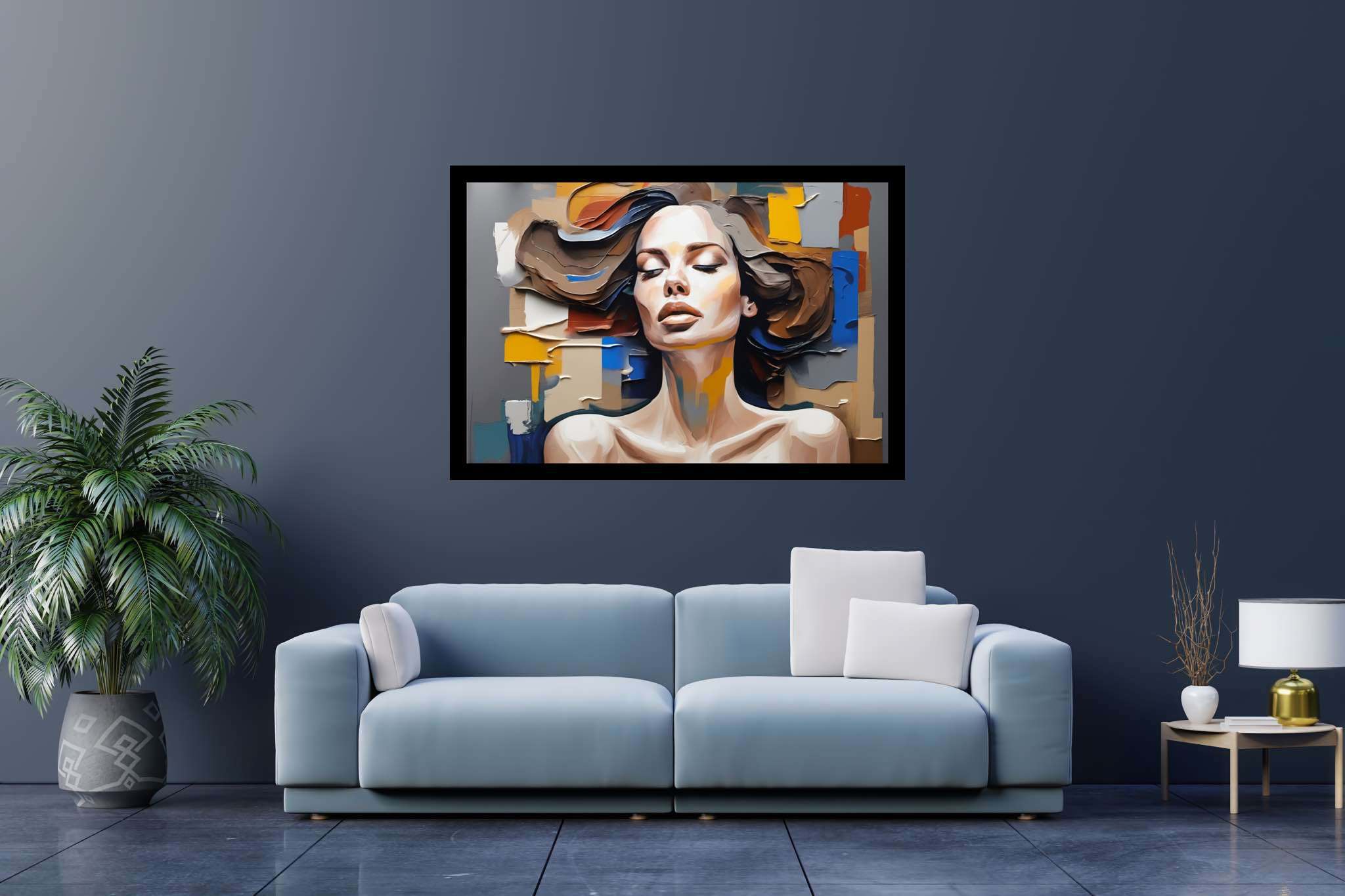 Dreamscape reverie: Surreal woman art with surreal woman art, in a room with urban design, photographic wall art, and designer furniture. The art can be printed on poster, framed poster, canvas, metal, acrylic or wood, exclusively at WallArtZen. Find this exact print at https://wallartzen.com/waz209