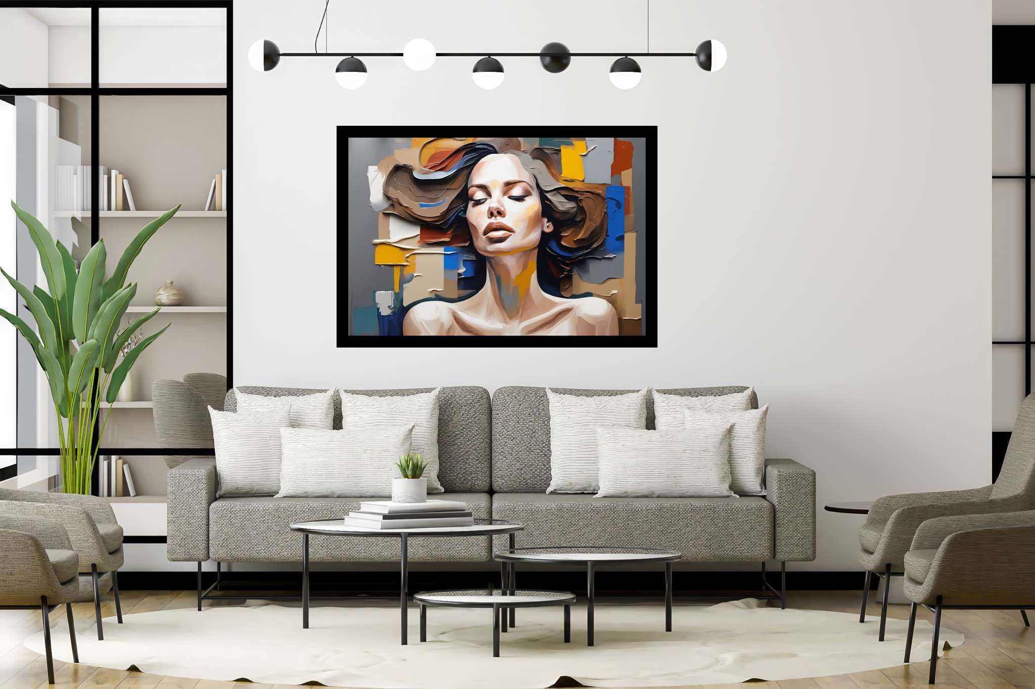 Dreamscape reverie: Surreal woman art with fantastical lady illustrations, in a room with artistic style, abstract paintings, and home styling items. The art can be printed on poster, framed poster, canvas, metal, acrylic or wood, exclusively at WallArtZen. Find this exact print at https://wallartzen.com/waz209