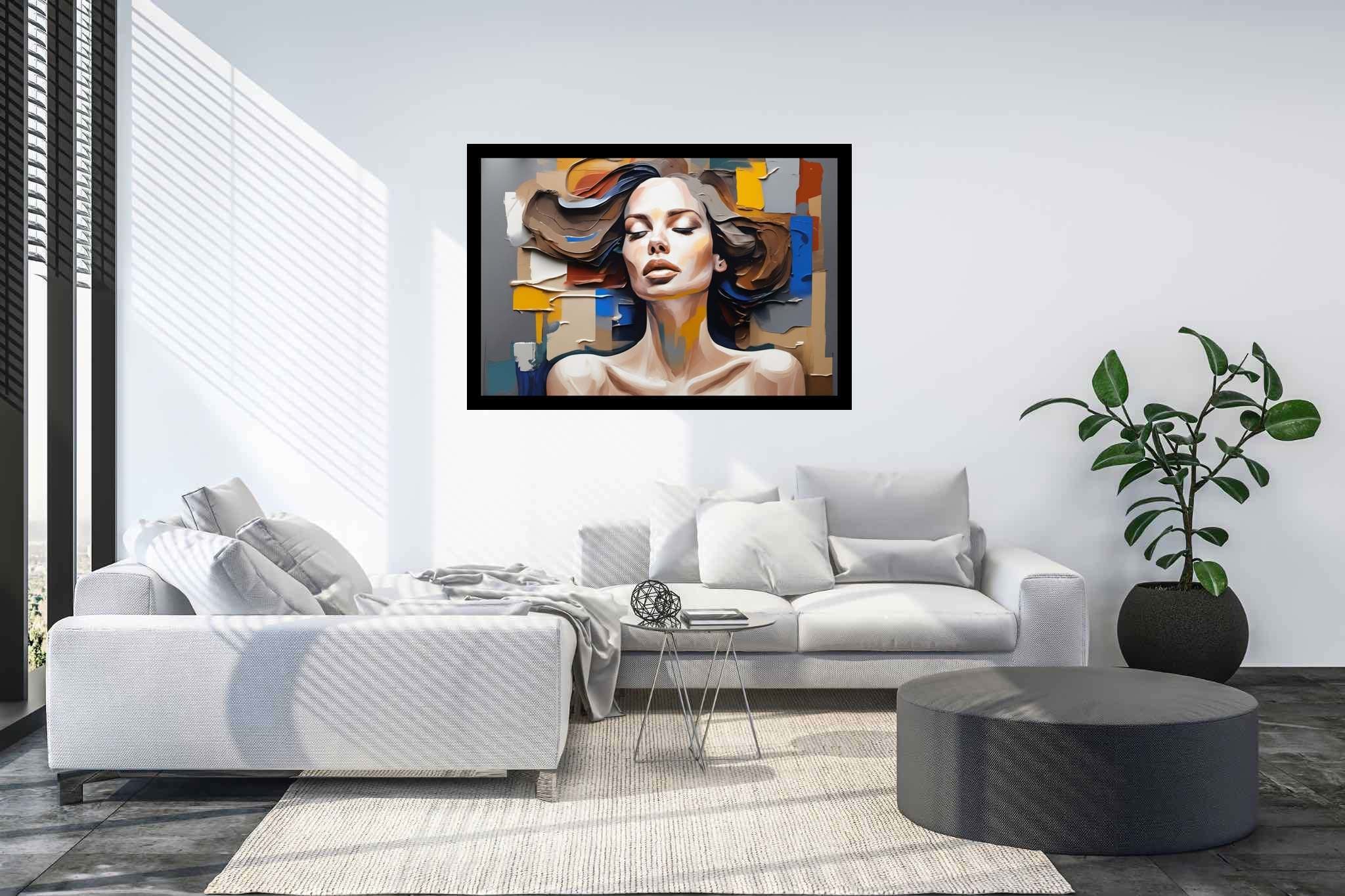 Dreamscape reverie: Surreal woman art with whimsical woman artwork, in a room with elegant layout, bespoke art designs, and luxe decor. The art can be printed on poster, framed poster, canvas, metal, acrylic or wood, exclusively at WallArtZen. Find this exact print at https://wallartzen.com/waz209