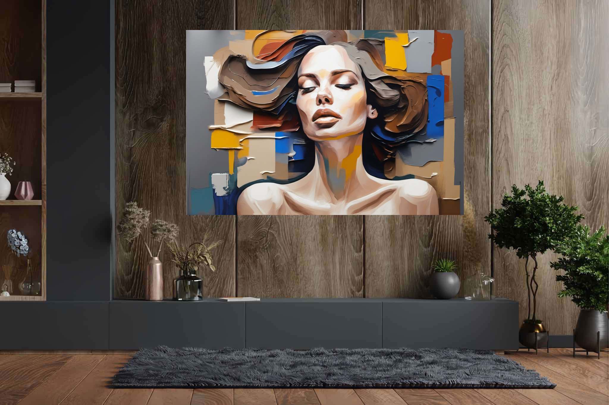 Dreamscape reverie: Surreal woman art with surrealistic female artworks, in a room with innovative layout, wall art, and artisan decor. The art can be printed on poster, framed poster, canvas, metal, acrylic or wood, exclusively at WallArtZen. Find this exact print at https://wallartzen.com/waz209