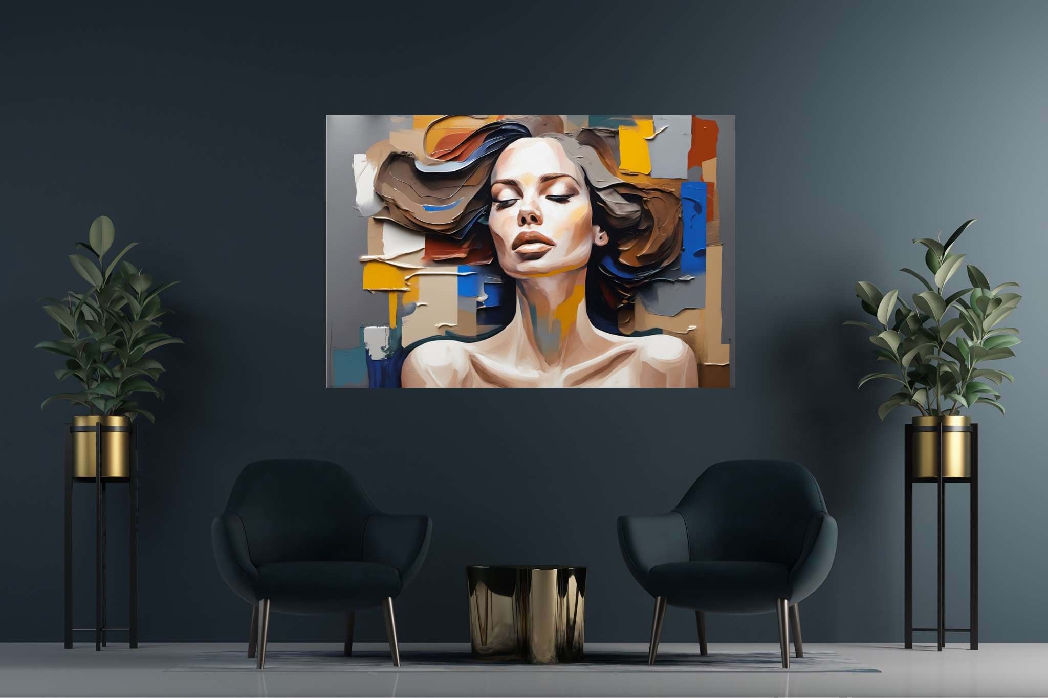 Dreamscape reverie: Surreal woman art with unconventional lady visuals, in a room with chic decor, wall hangings, and interior decorations. The art can be printed on poster, framed poster, canvas, metal, acrylic or wood, exclusively at WallArtZen. Find this exact print at https://wallartzen.com/waz209