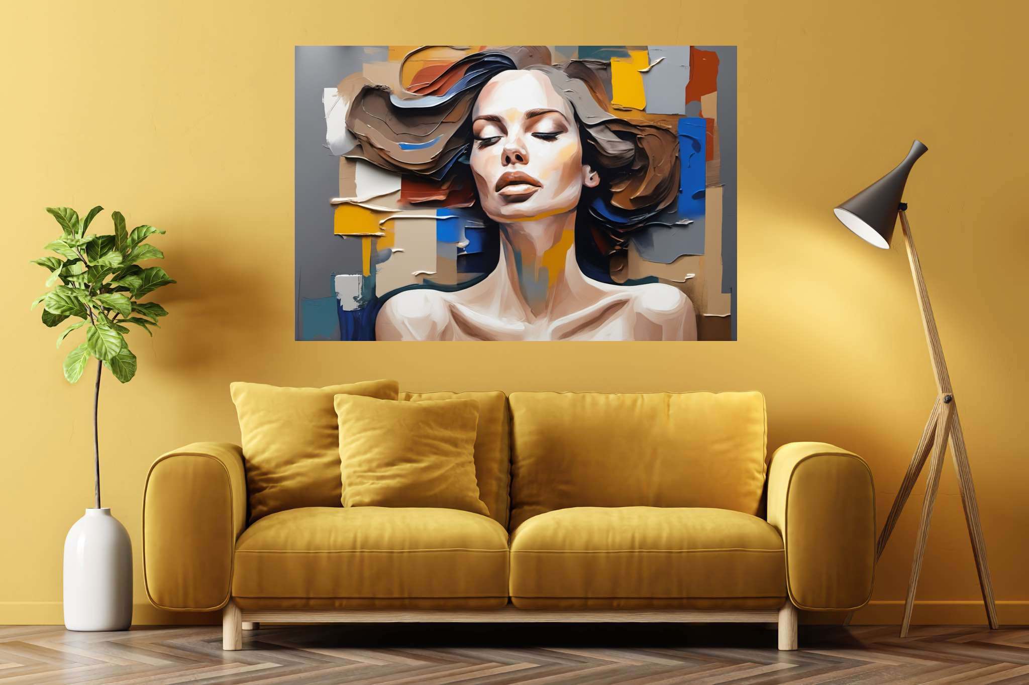 Dreamscape reverie: Surreal woman art with ethereal feminine images, in a room with contemporary flair, wall art, and home styling items. The art can be printed on poster, framed poster, canvas, metal, acrylic or wood, exclusively at WallArtZen. Find this exact print at https://wallartzen.com/waz209