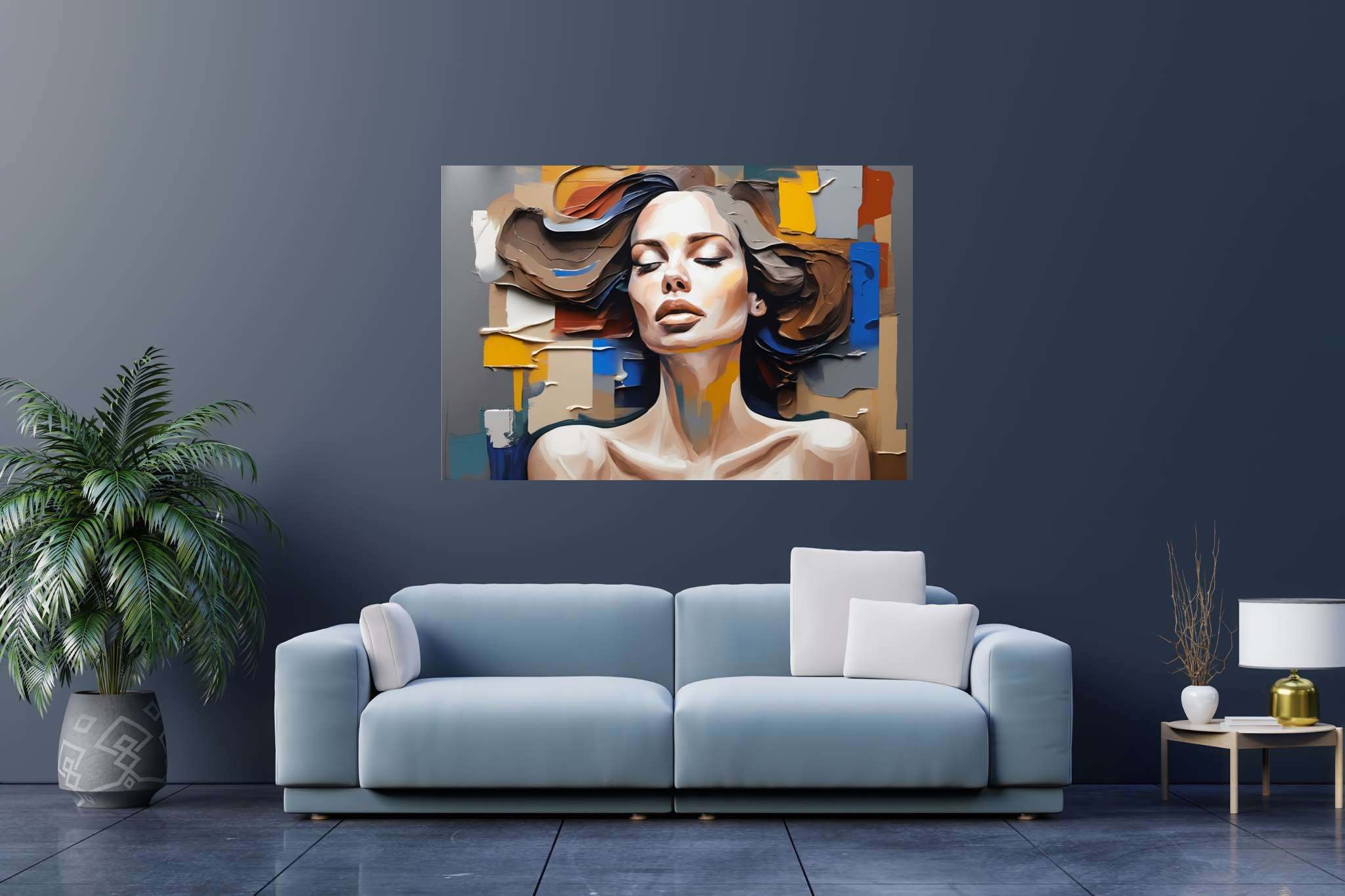 Dreamscape reverie: Surreal woman art with enchanting woman designs, in a room with great design, canvas prints, and trendy home accents. The art can be printed on poster, framed poster, canvas, metal, acrylic or wood, exclusively at WallArtZen. Find this exact print at https://wallartzen.com/waz209
