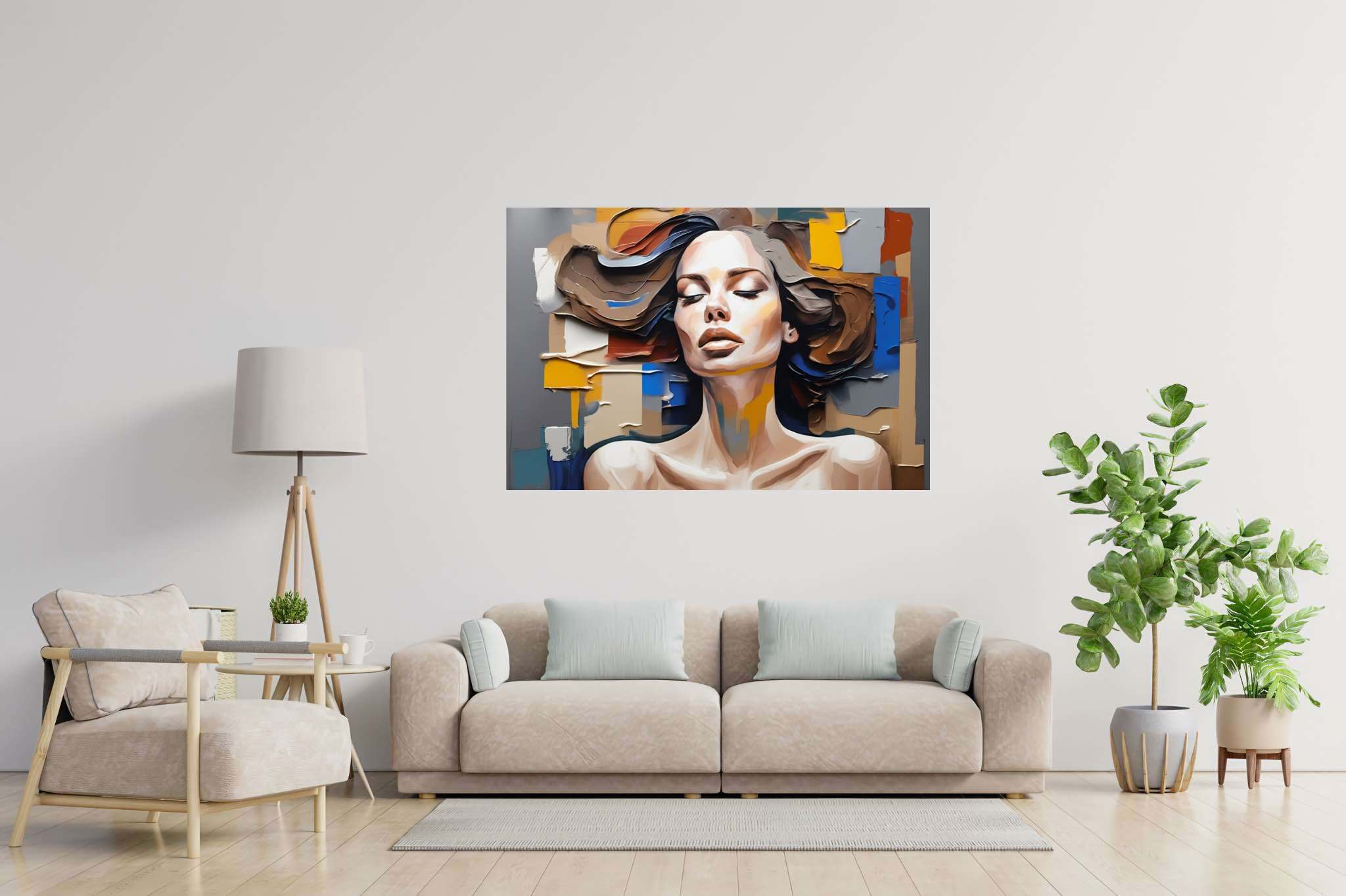 Dreamscape reverie: Surreal woman art with whimsical woman artwork, in a room with classic elegance, mural artworks, and elegant home goods. The art can be printed on poster, framed poster, canvas, metal, acrylic or wood, exclusively at WallArtZen. Find this exact print at https://wallartzen.com/waz209