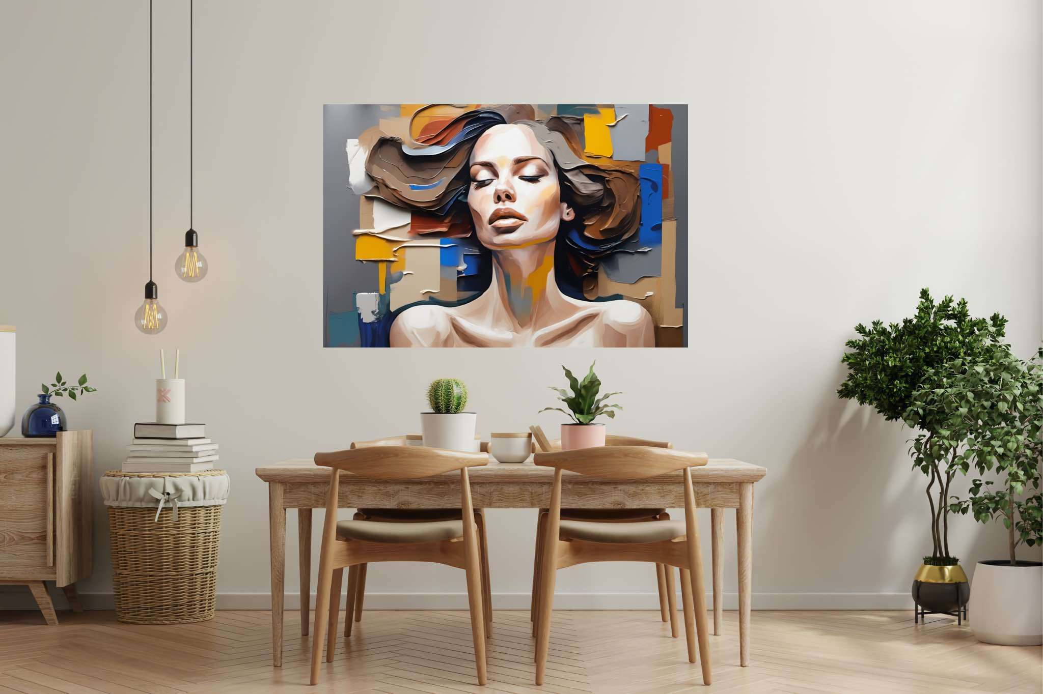 Dreamscape reverie: Surreal woman art with fantastical lady illustrations, in a room with innovative layout, abstract paintings, and interior decorations. The art can be printed on poster, framed poster, canvas, metal, acrylic or wood, exclusively at WallArtZen. Find this exact print at https://wallartzen.com/waz209