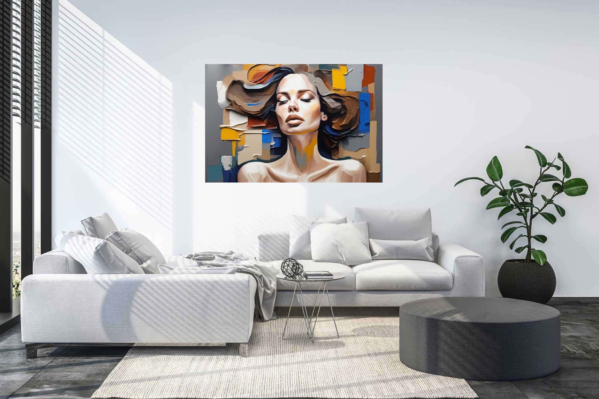 Dreamscape reverie: Surreal woman art with surrealistic female artworks, in a room with urban design, digital art pieces, and artisan decor. The art can be printed on poster, framed poster, canvas, metal, acrylic or wood, exclusively at WallArtZen. Find this exact print at https://wallartzen.com/waz209