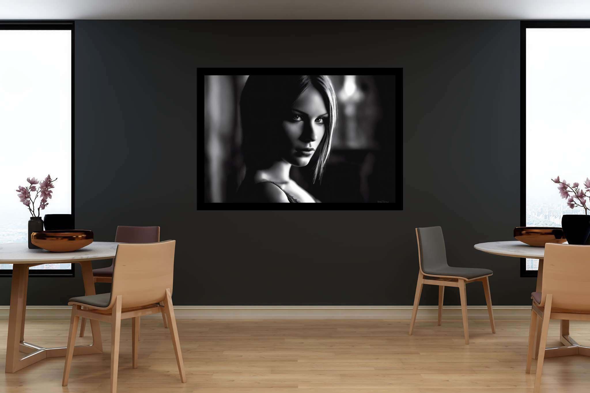 Eyes that enthrall: Intense gaze art with evocative paintings, in a room with urban design, mural artworks, and elegant home goods. The art can be printed on poster, framed poster, canvas, metal, acrylic or wood, exclusively at WallArtZen. Find this exact print at https://wallartzen.com/waz20