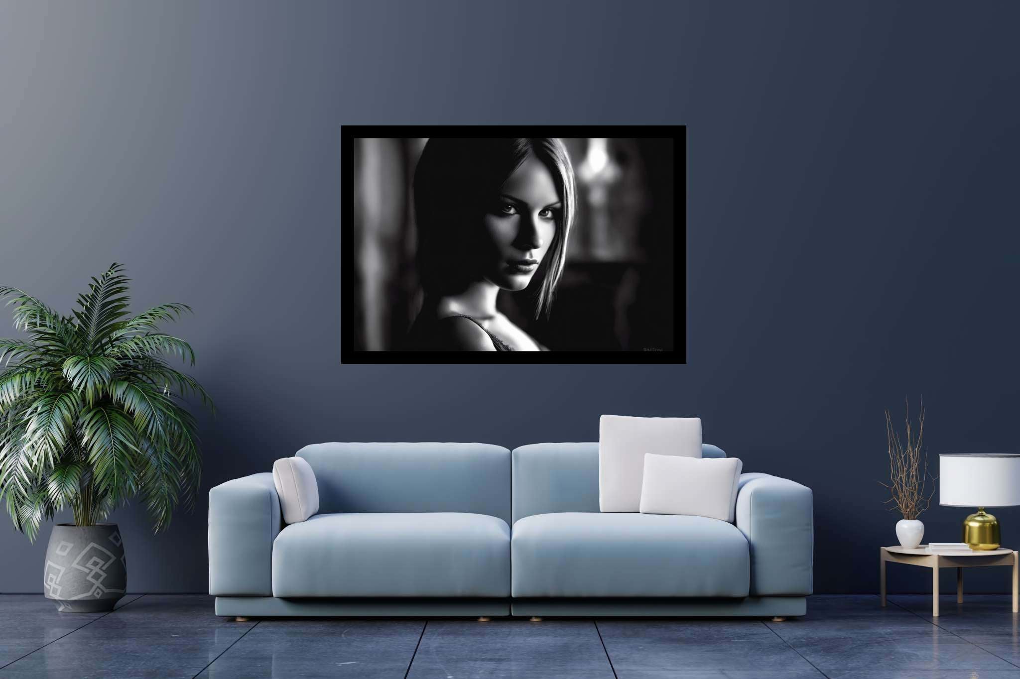 Eyes that enthrall: Intense gaze art with mesmerizing portraits, in a room with contemporary flair, canvas prints, and decorative pieces. The art can be printed on poster, framed poster, canvas, metal, acrylic or wood, exclusively at WallArtZen. Find this exact print at https://wallartzen.com/waz20