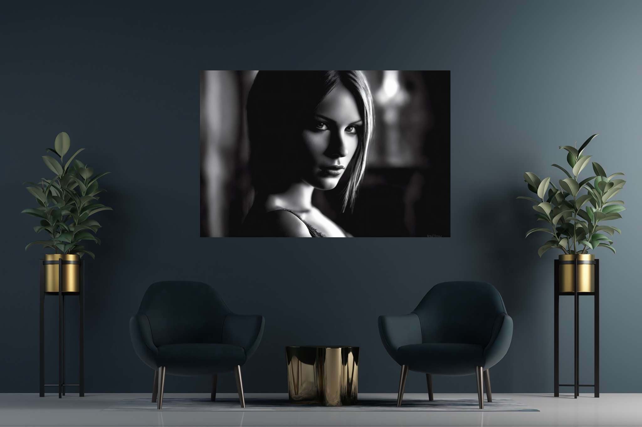 Eyes that enthrall: Intense gaze art with mesmerizing portraits, in a room with artistic style, abstract paintings, and artisan decor. The art can be printed on poster, framed poster, canvas, metal, acrylic or wood, exclusively at WallArtZen. Find this exact print at https://wallartzen.com/waz20