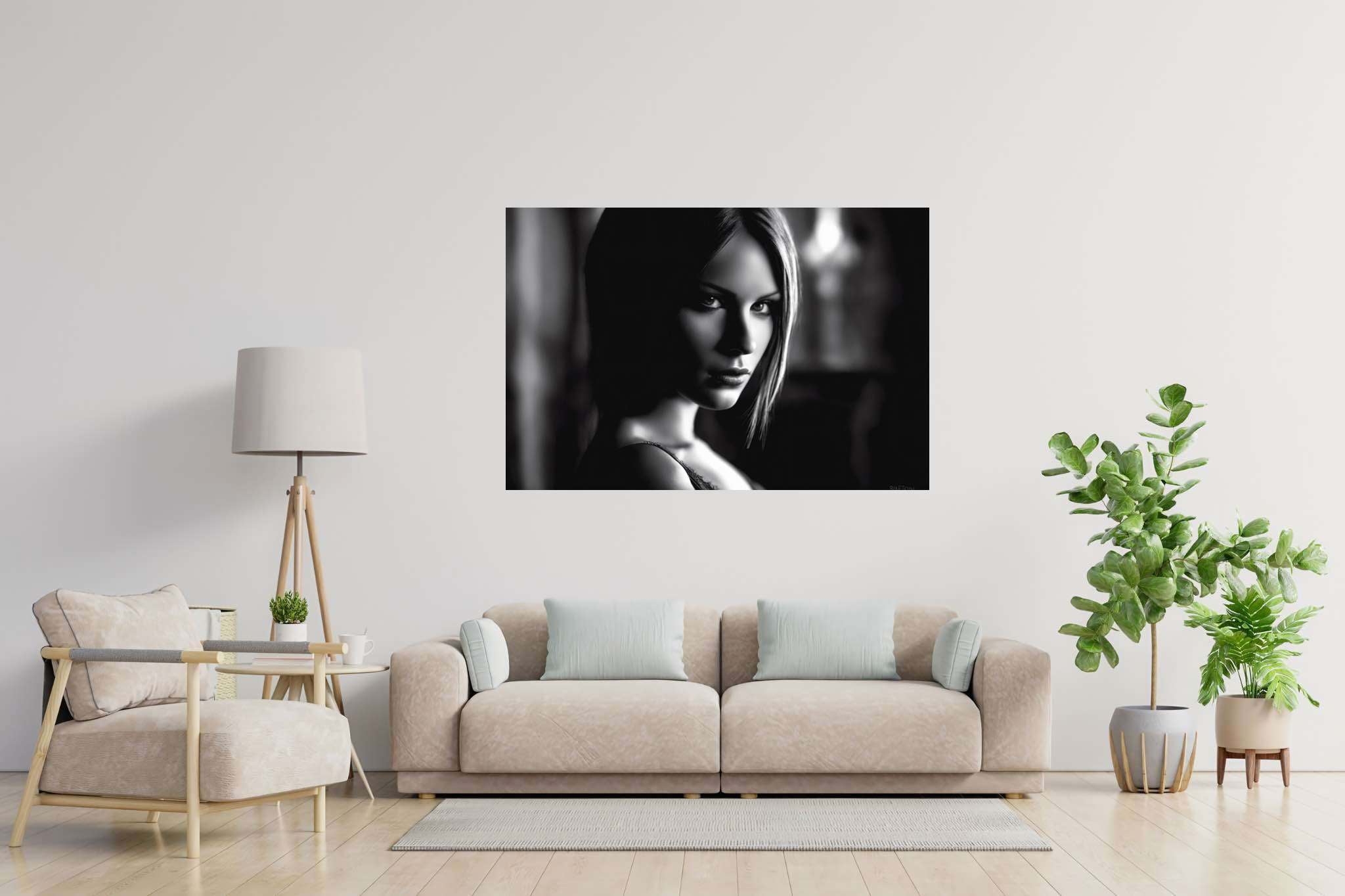 Eyes that enthrall: Intense gaze art with compelling artwork, in a room with minimalist approach, bespoke art designs, and luxe decor. The art can be printed on poster, framed poster, canvas, metal, acrylic or wood, exclusively at WallArtZen. Find this exact print at https://wallartzen.com/waz20