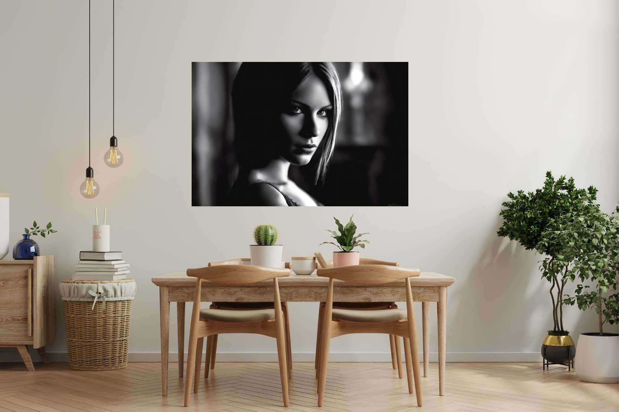Eyes that enthrall: Intense gaze art with evocative paintings, in a room with modern style, digital art pieces, and interior decorations. The art can be printed on poster, framed poster, canvas, metal, acrylic or wood, exclusively at WallArtZen. Find this exact print at https://wallartzen.com/waz20