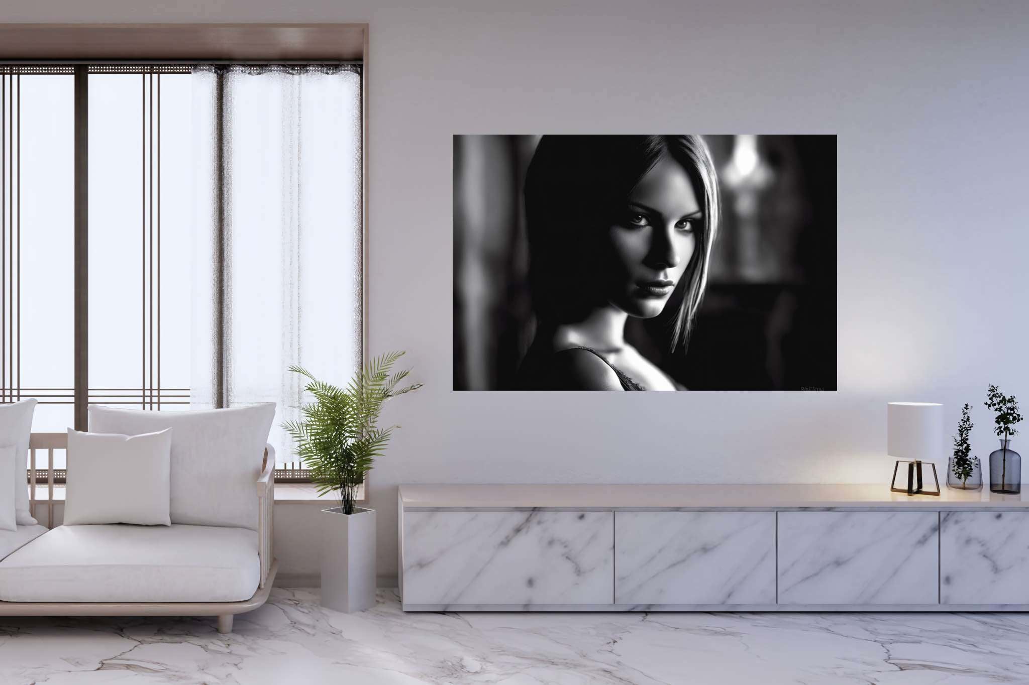 Eyes that enthrall: Intense gaze art with penetrating look, in a room with chic decor, abstract paintings, and decorative pieces. The art can be printed on poster, framed poster, canvas, metal, acrylic or wood, exclusively at WallArtZen. Find this exact print at https://wallartzen.com/waz20