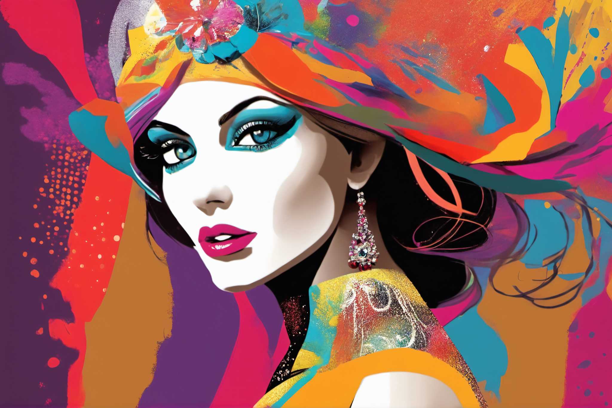 Radiant mosaic essence: Vibrant woman art with colorful female paintings, in a room with innovative layout, canvas prints, and home styling items. The art can be printed on poster, framed poster, canvas, metal, acrylic or wood, exclusively at WallArtZen. Find this exact print at https://wallartzen.com/waz210