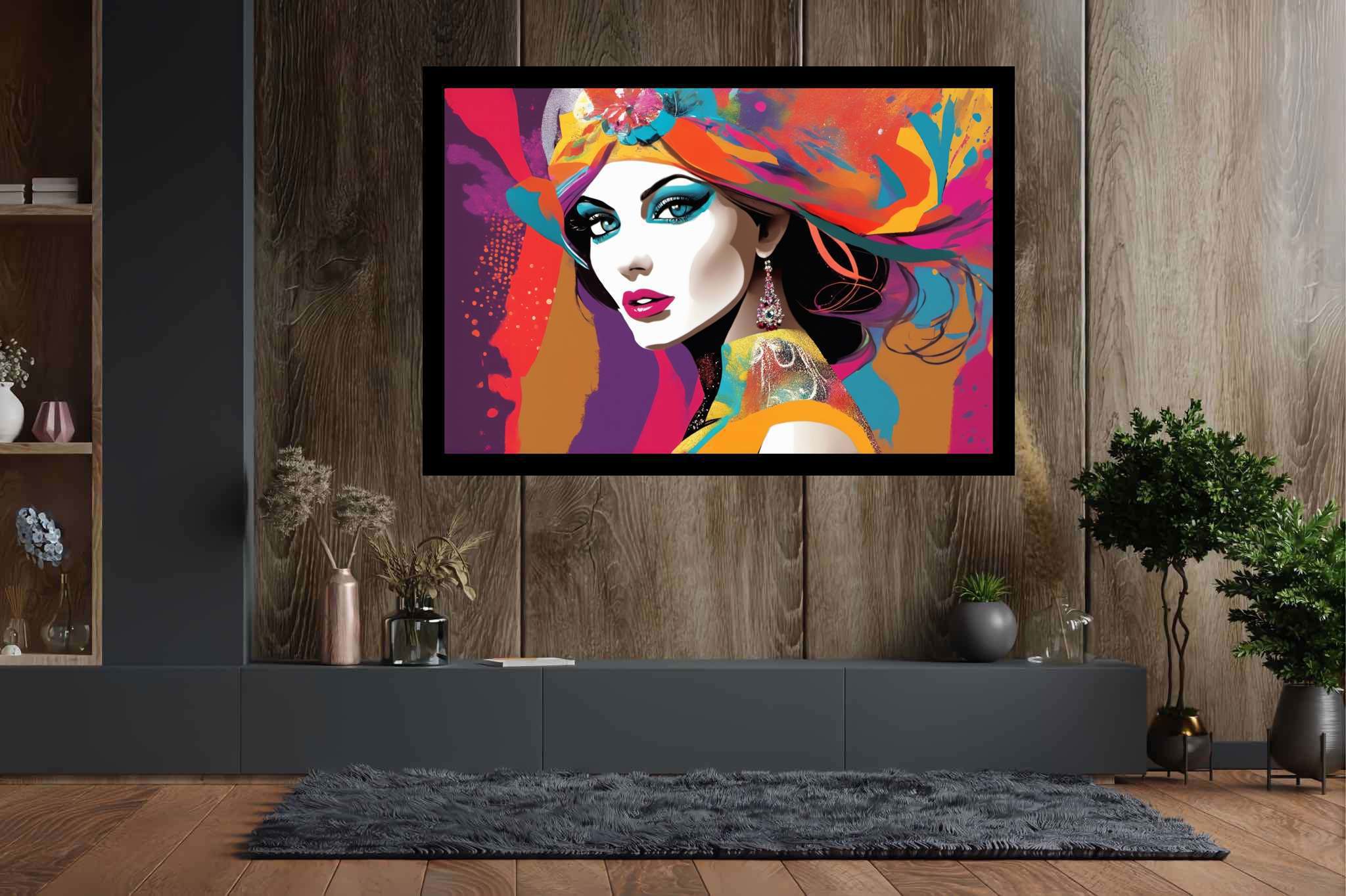 Radiant mosaic essence: Vibrant woman art with spirited woman art, in a room with chic decor, mural artworks, and home furnishings. The art can be printed on poster, framed poster, canvas, metal, acrylic or wood, exclusively at WallArtZen. Find this exact print at https://wallartzen.com/waz210