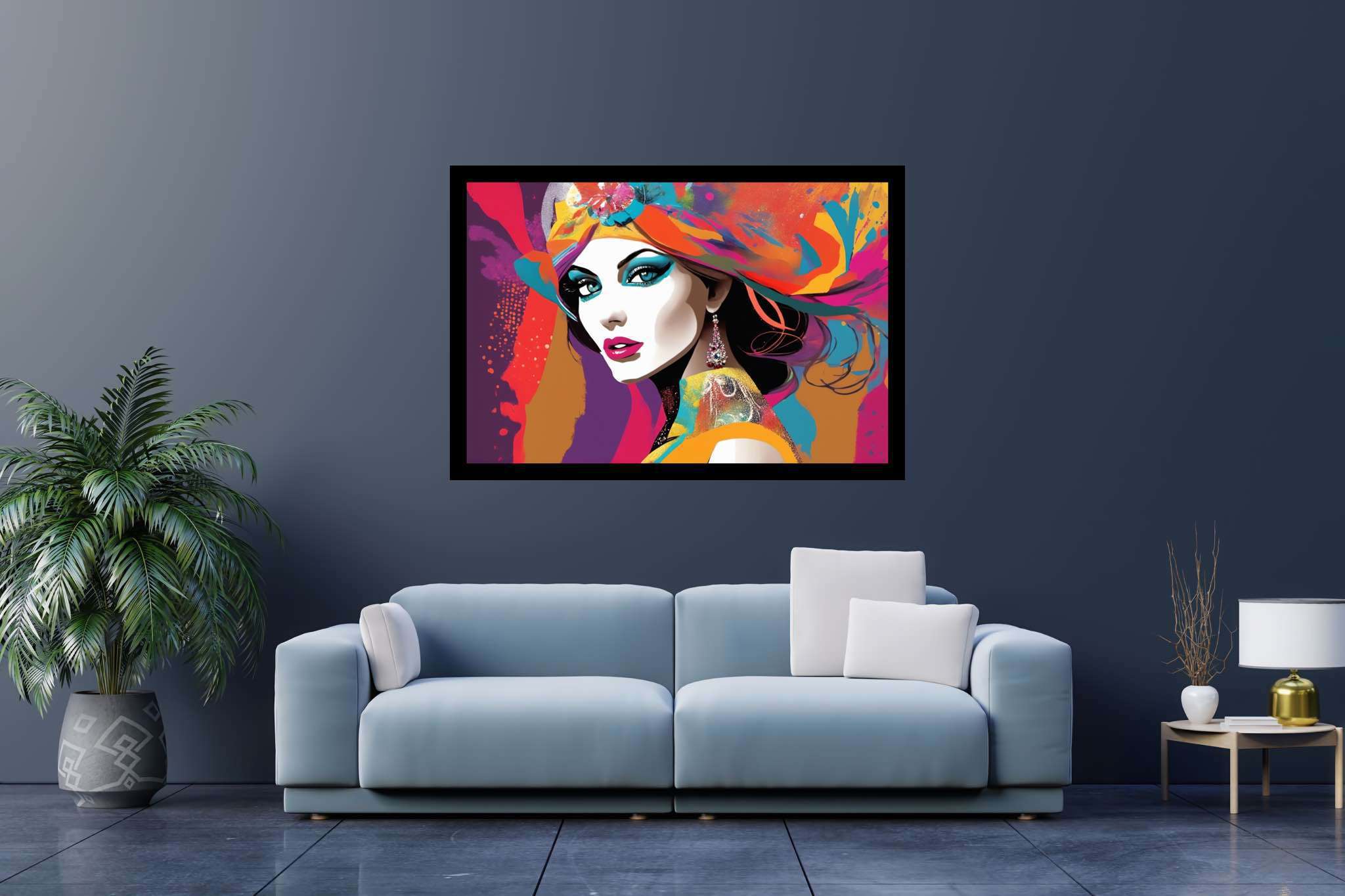 Radiant mosaic essence: Vibrant woman art with vibrant woman artwork, in a room with classic elegance, canvas prints, and luxe decor. The art can be printed on poster, framed poster, canvas, metal, acrylic or wood, exclusively at WallArtZen. Find this exact print at https://wallartzen.com/waz210