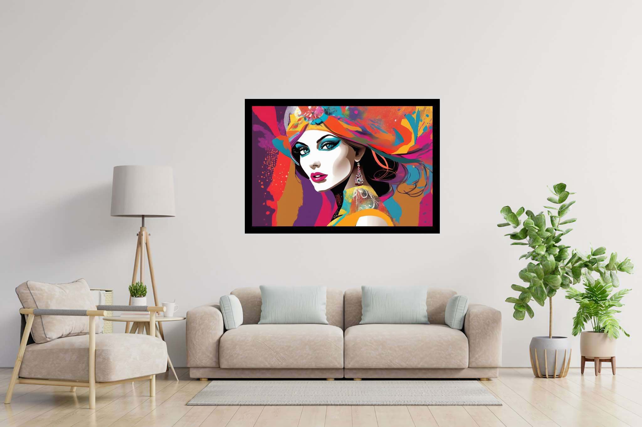 Radiant mosaic essence: Vibrant woman art with vibrant female art, in a room with modern style, framed art, and home styling items. The art can be printed on poster, framed poster, canvas, metal, acrylic or wood, exclusively at WallArtZen. Find this exact print at https://wallartzen.com/waz210