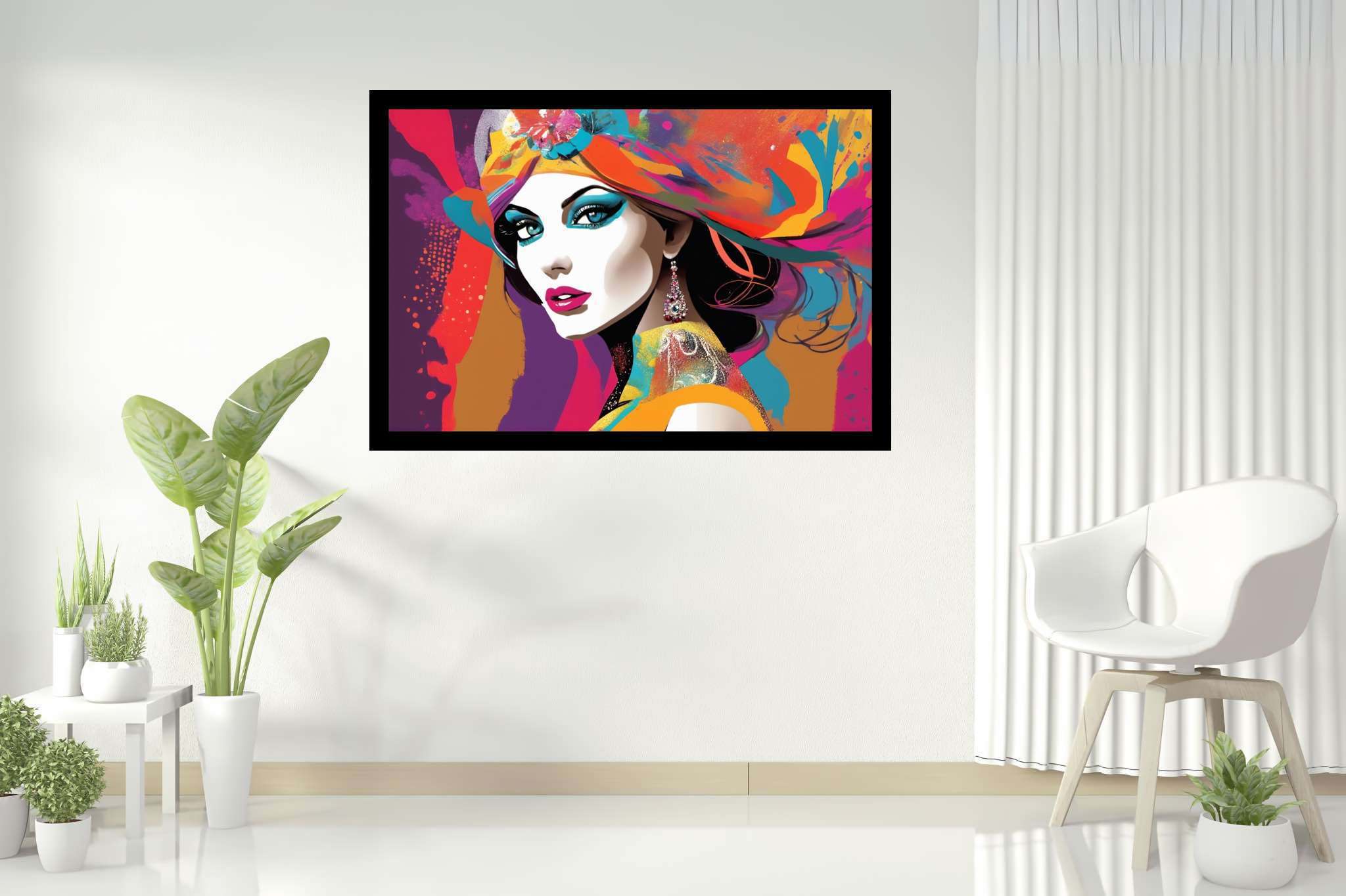 Radiant mosaic essence: Vibrant woman art with vibrant woman pictures, in a room with artistic style, framed art, and elegant home goods. The art can be printed on poster, framed poster, canvas, metal, acrylic or wood, exclusively at WallArtZen. Find this exact print at https://wallartzen.com/waz210