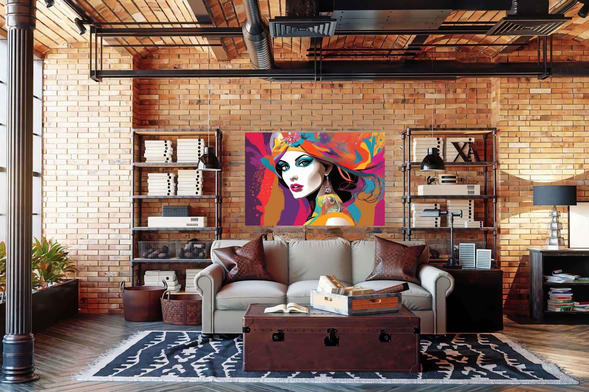 Radiant mosaic essence: Vibrant woman art with vibrant woman artwork, in a room with chic decor, mural artworks, and artisan decor. The art can be printed on poster, framed poster, canvas, metal, acrylic or wood, exclusively at WallArtZen. Find this exact print at https://wallartzen.com/waz210